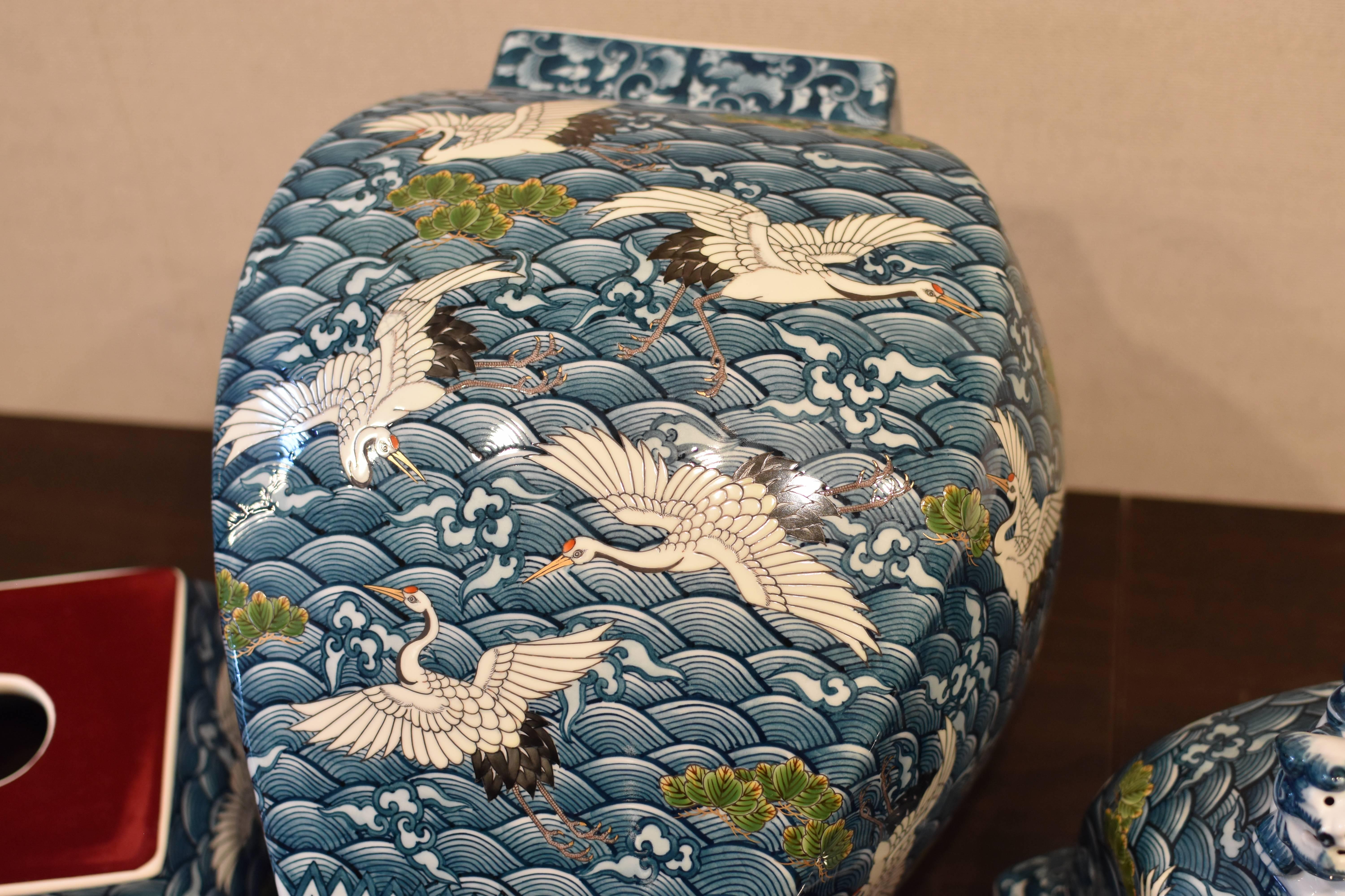 Hand-Painted Massive Japanese Blue Three-Piece Imari Lidded Temple Jar by Master Artist, 2016