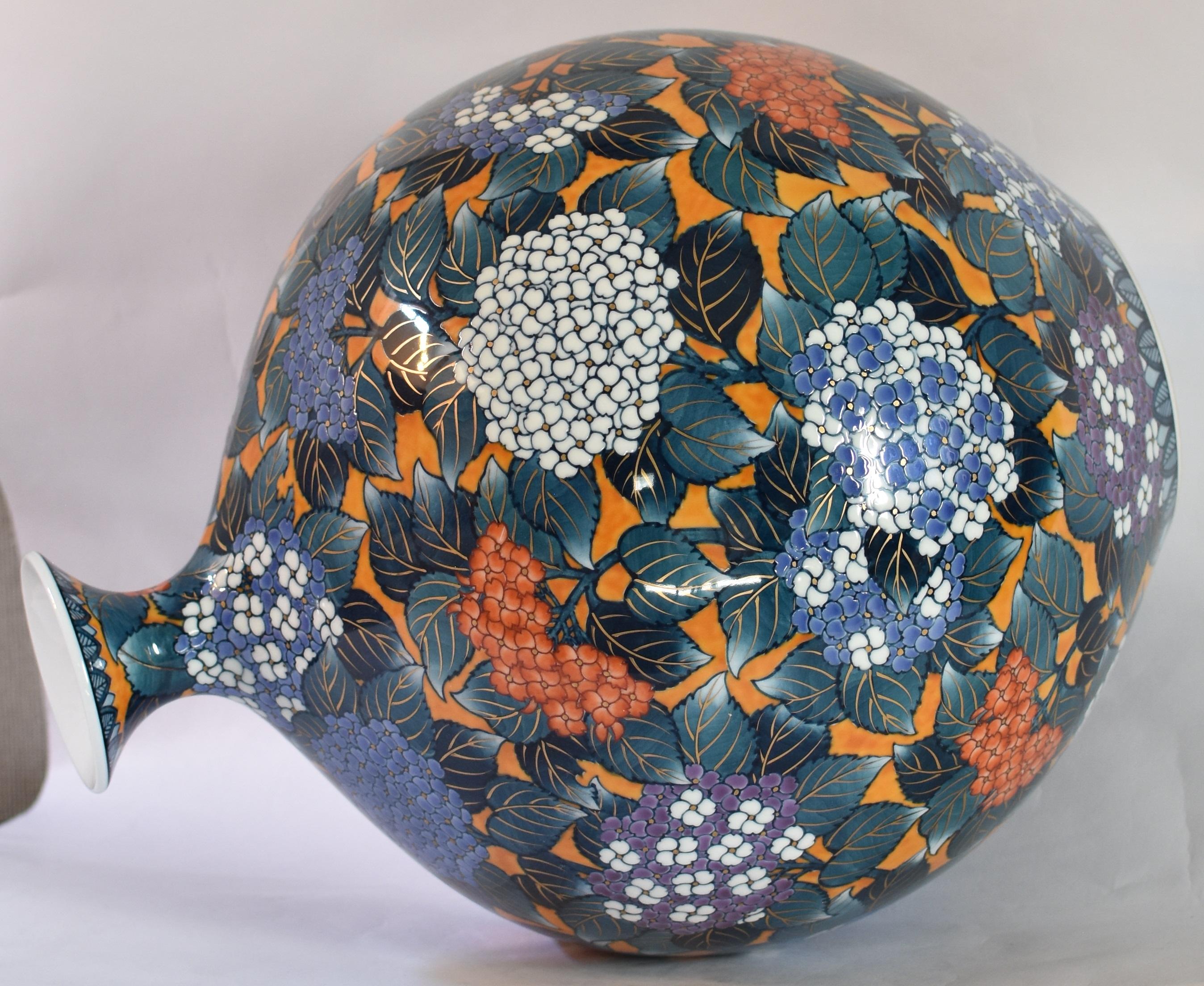 Large Japanese Contemporary Blue Orange Imari Porcelain Vase by Master Artist 1