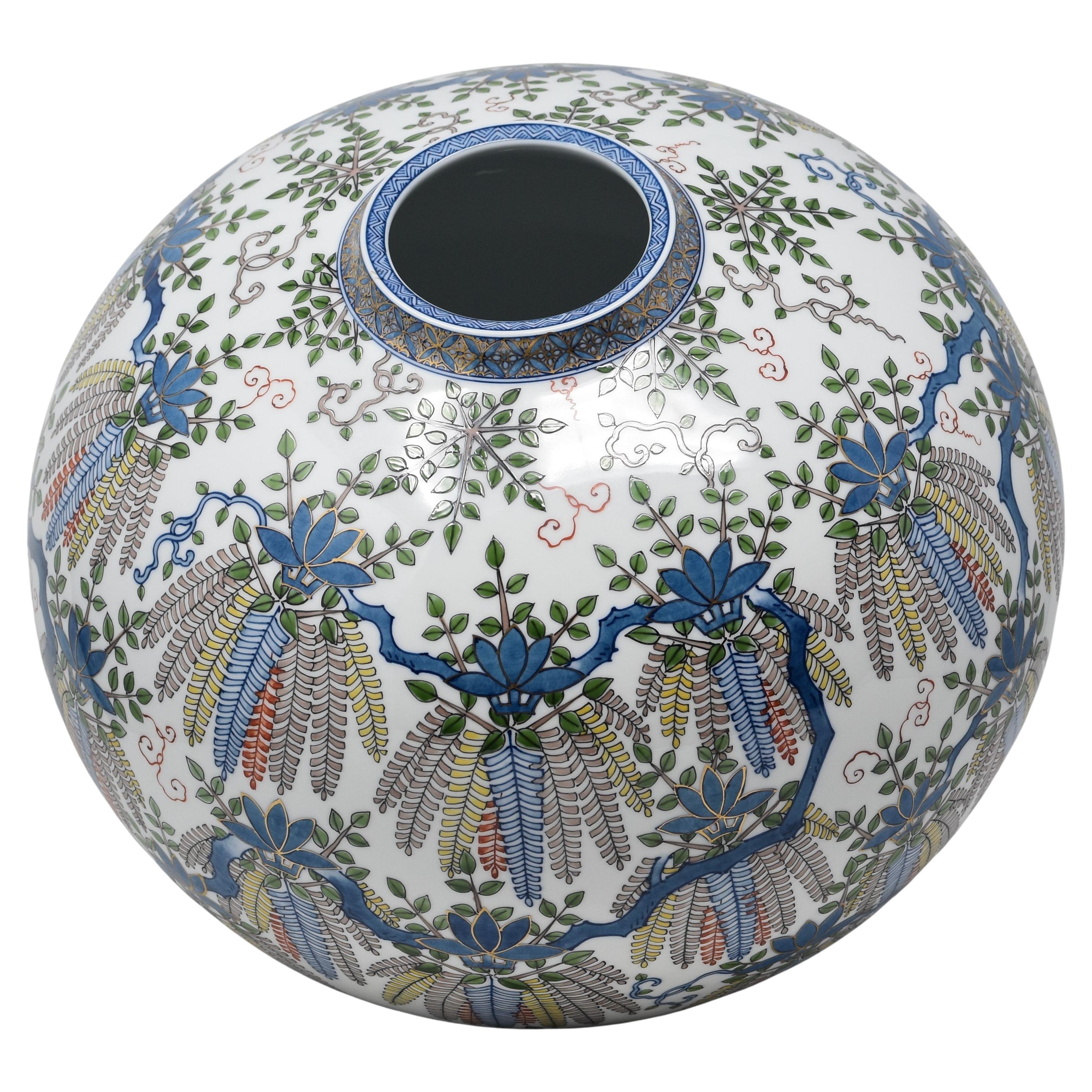 Japanese Blue Green Yellow Porcelain Vase by Master Artist, 2 For Sale