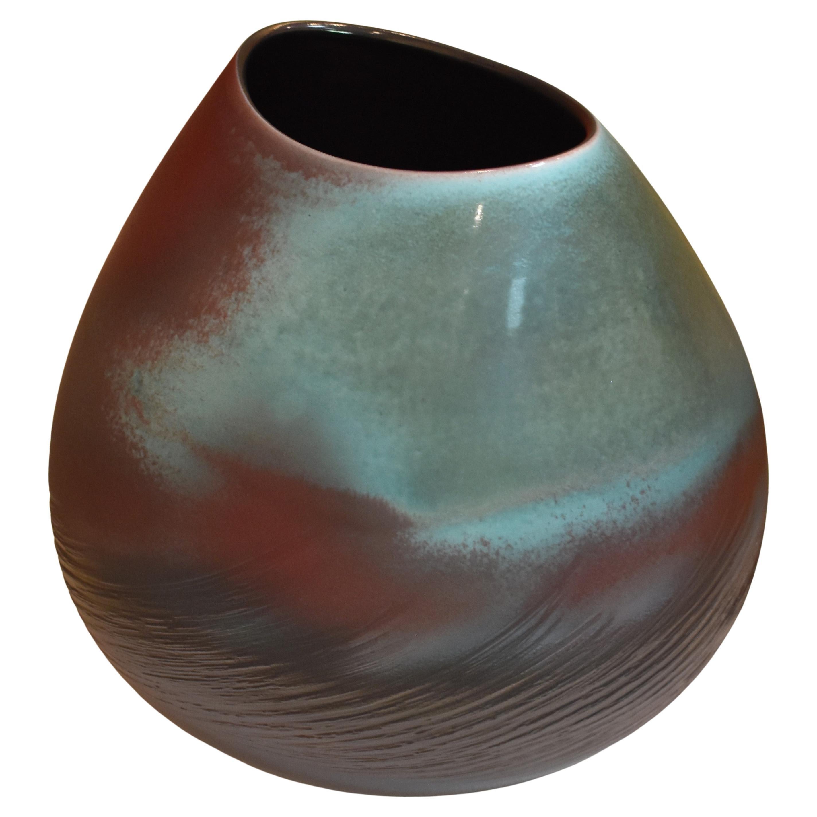Vase japonais contemporain en porcelaine marron et bleue émaillée à la main par un maître artiste, 2