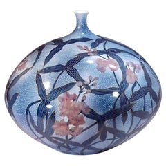 Japanese Contemporary Blue Pink Porcelain Vase by Master Artist, 2