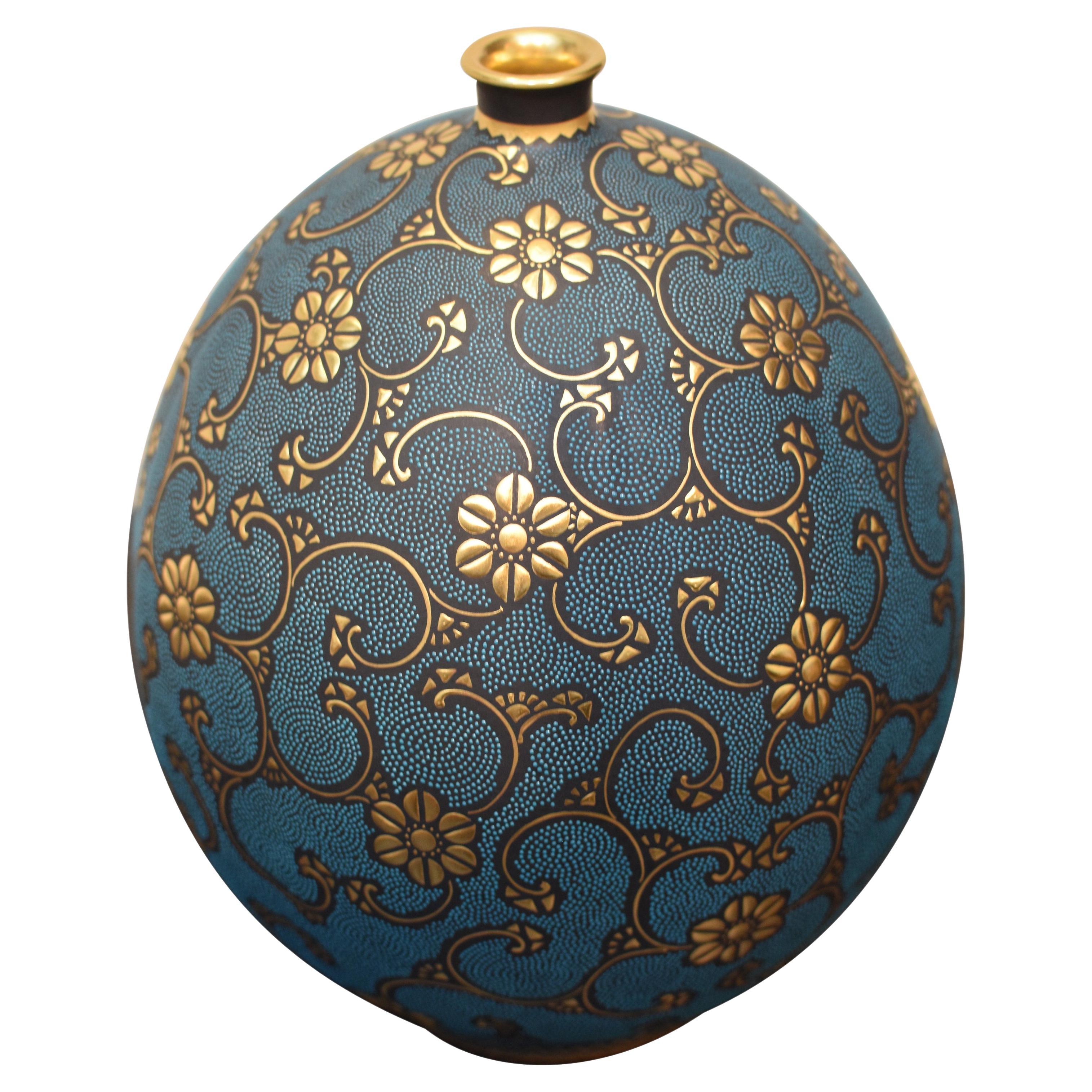 Contemporary Japanese Blue Pure Gold Porcelain Vase by Kutani Master Artist