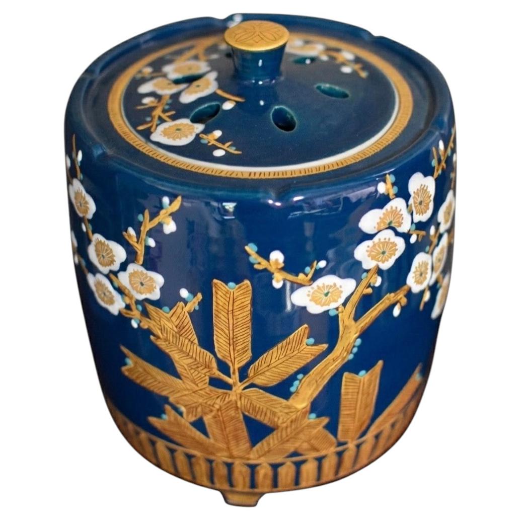 Japanese Kutani Incense Burner, Plum Blossom, Blue and Gold, by Yamagami For Sale