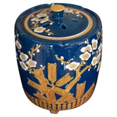 Japanese Kutani Incense Burner, Plum Blossom, Blue and Gold, by Yamagami