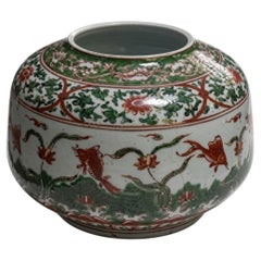 Contemporary Japanese Green White Red Porcelain Vase by Master Artist