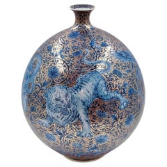Imari Porcelain Vase, Four Celestial Guardians, Blue and Platinum, by Murakami