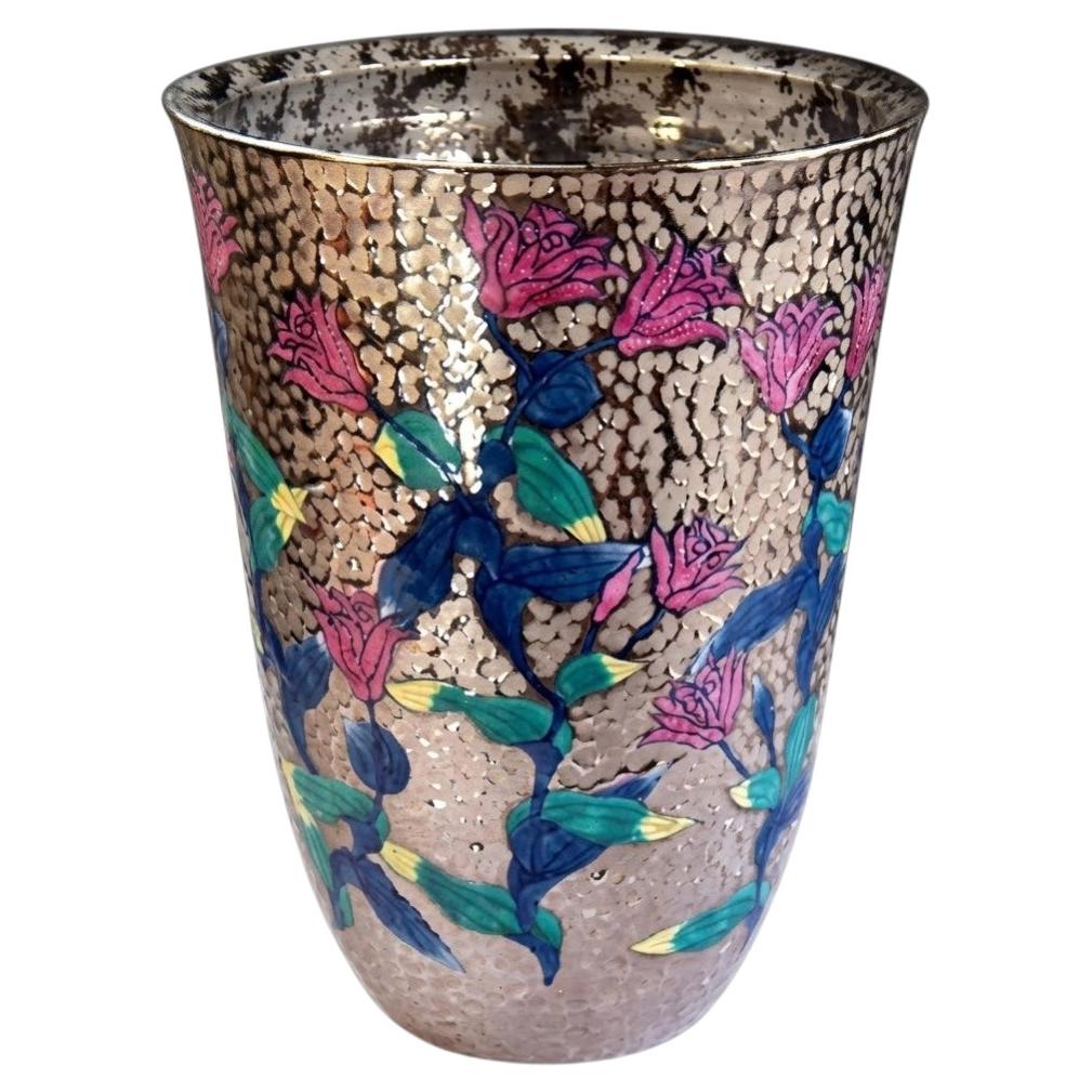 Imari Arita Porcelain Vase, Dimpled Platinum, Blue Pink and Green For Sale
