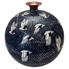 Murakami Toshihiko Hand-Painted Blue & Gold Porcelain Vase, Imari Japan