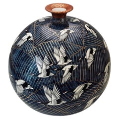 Murakami Toshihiko Hand-Painted Blue & Gold Porcelain Vase, Imari Japan