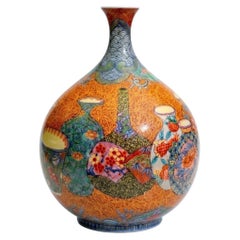 Japanese Imari Porcelain Vase, Bottles Motif, Orange Blue and Gold