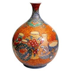 Japanese Imari Porcelain Vase, Bottles Motif, Orange Blue and Gold