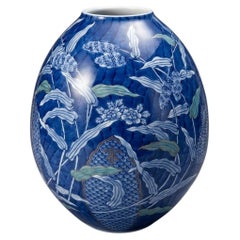 Jarrón japonés de porcelana de Imari, «Sometsuke» azul cobalto, mijo y codornices