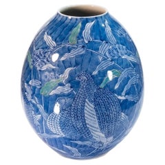 Jarrón japonés de porcelana de Imari, «Sometsuke» azul cobalto, mijo y codornices