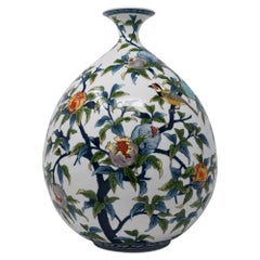 Japanese Porcelain Vase, Pomegranate Bird, Blue Green Orange, by Fujii Shoun