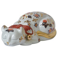 Japanese Porcelain Sleeping Cat Figurine, Nemuri Neko, Circa 1960, Red Blue Gold