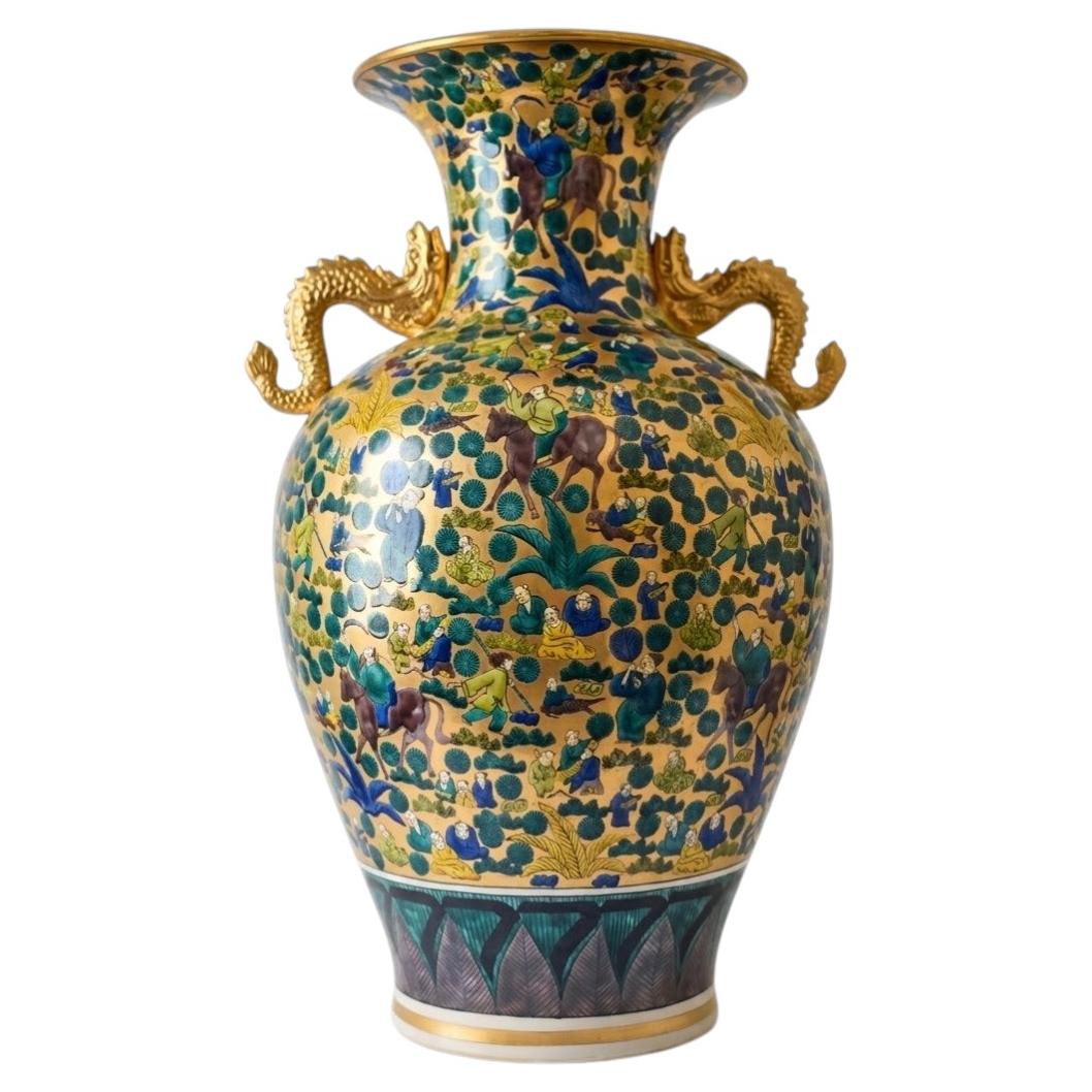 Vaso in porcellana giapponese Kutani in stile Mokubei, dai colori oro, verde e blu, della fornace Tousui