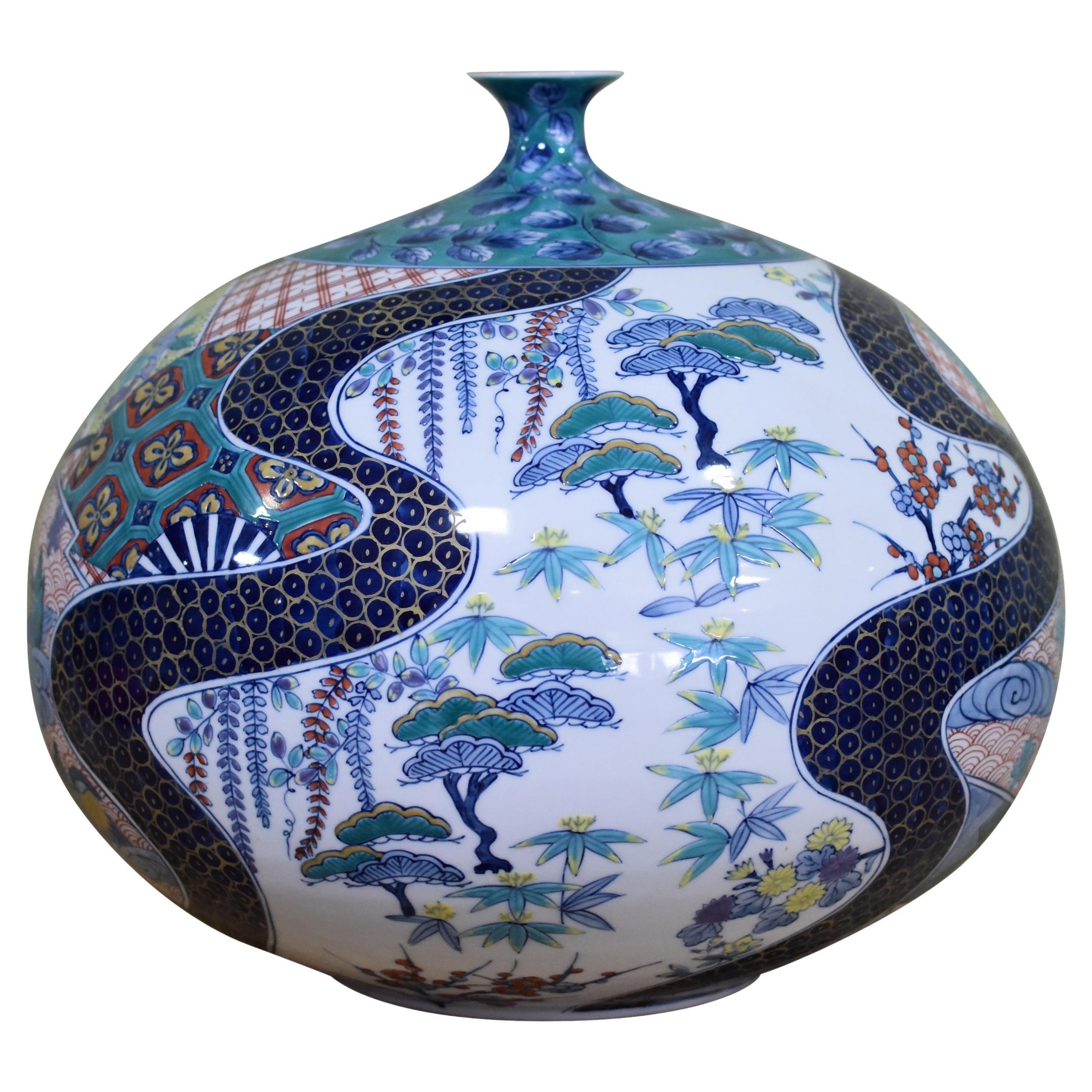 Japanese Decorative Green Blue Gold Porcelain Vas by Master Artist, 3