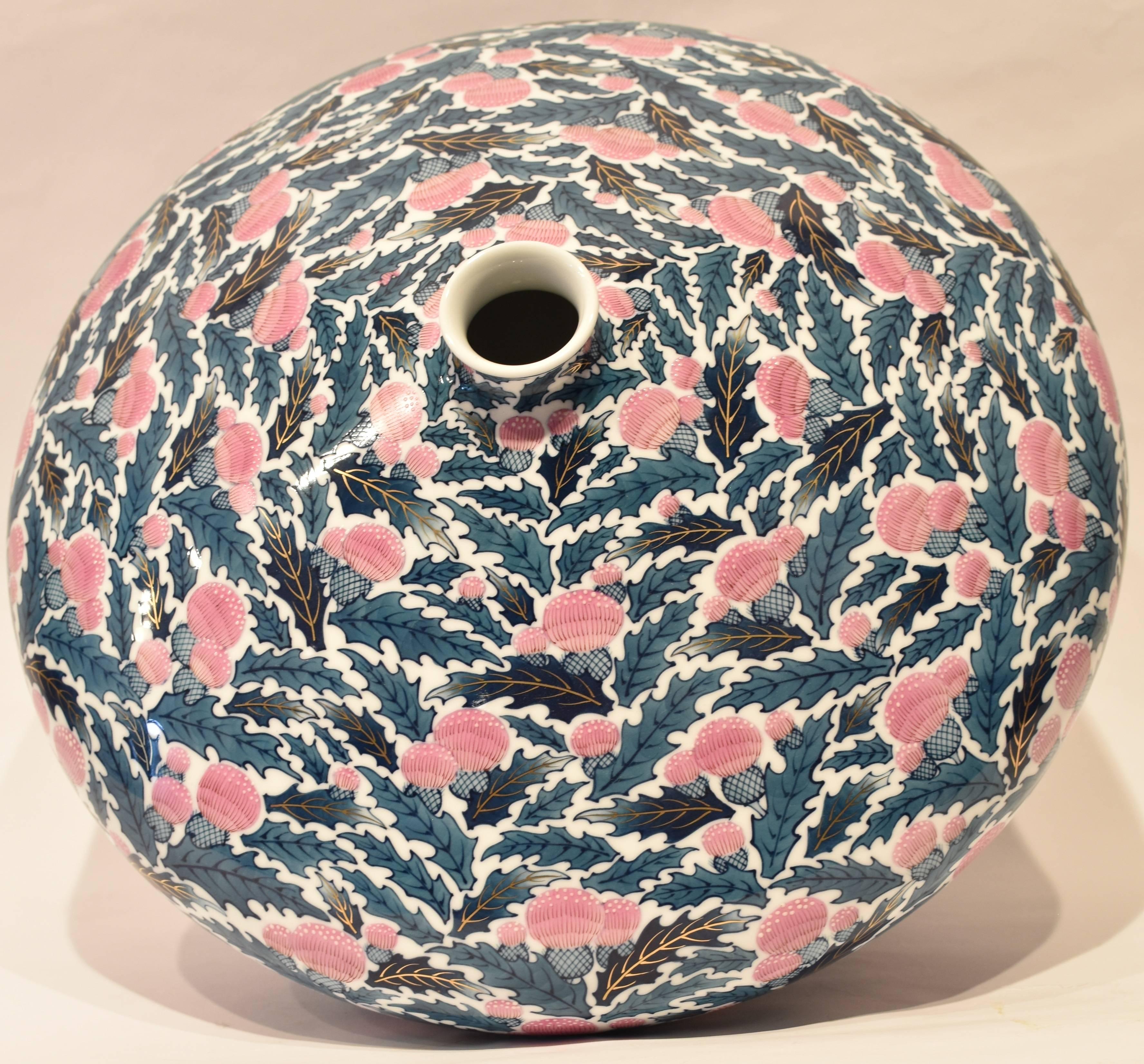 Meiji Japanese Contemporary Blue Pink Porcelain Vase by Master Artist, 2
