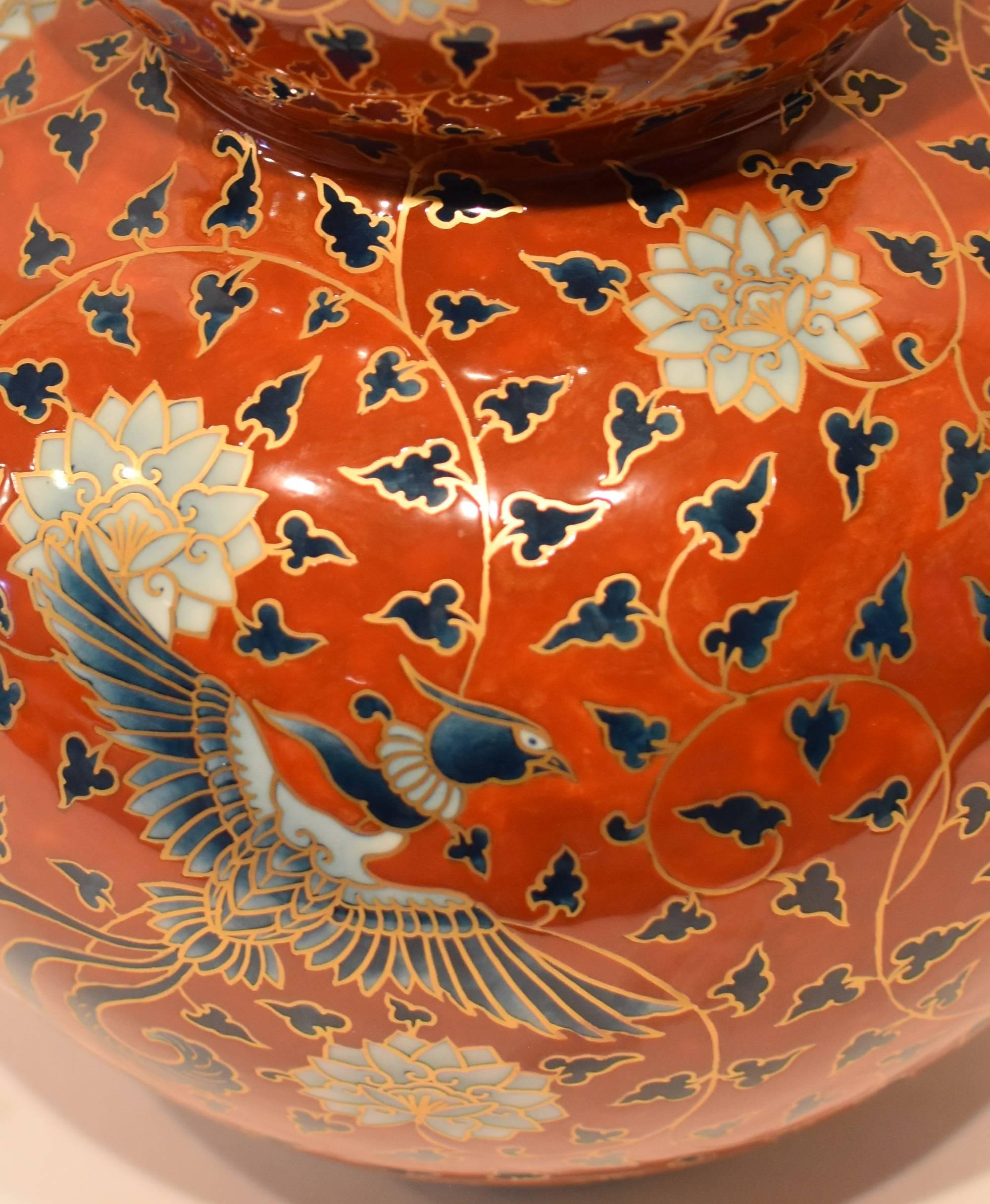 Large Japanese Contemporary Red Gilded Imari Porcelain Vase by Master Artist 2