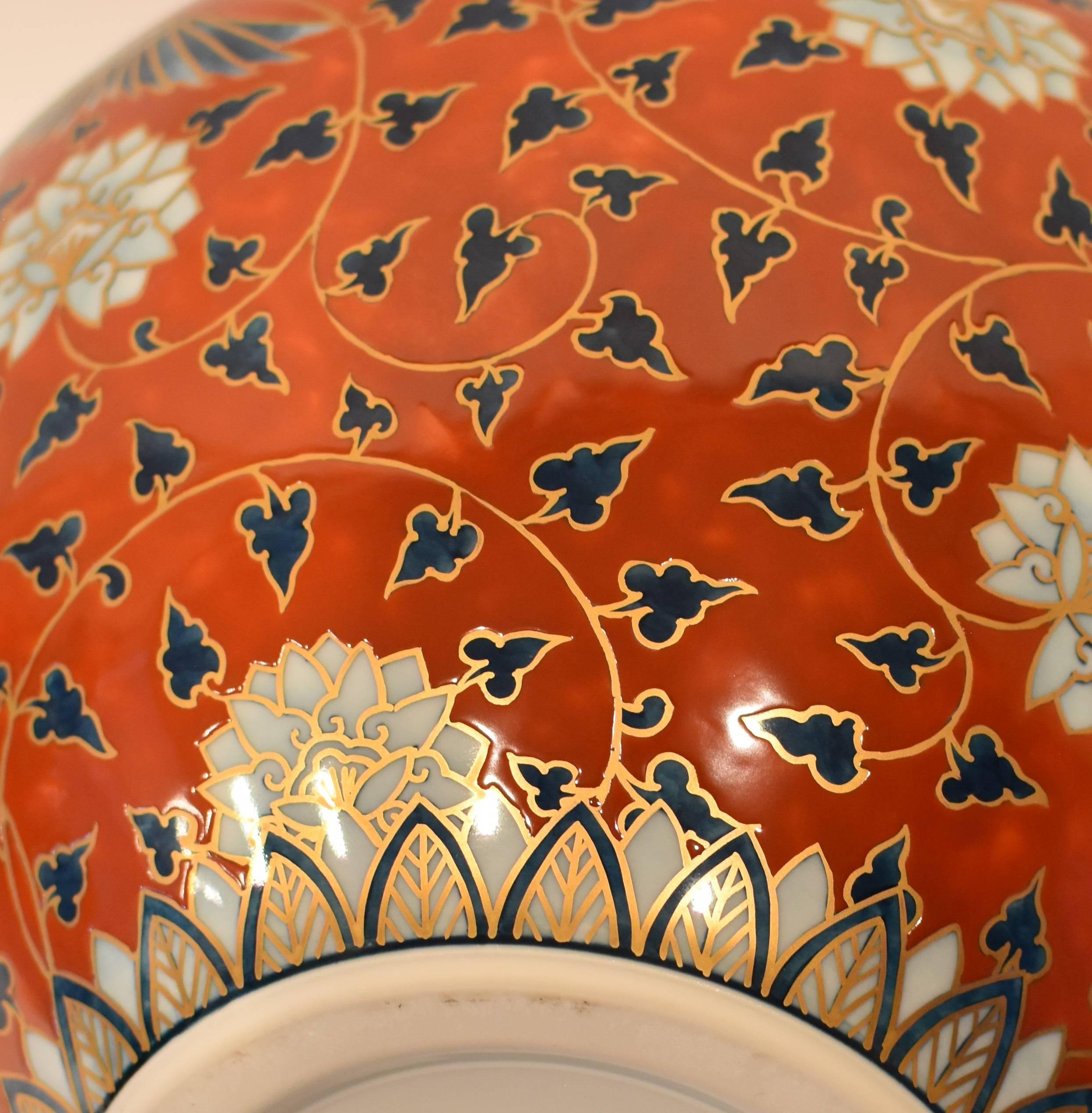 Gilt Large Japanese Contemporary Red Gilded Imari Porcelain Vase by Master Artist