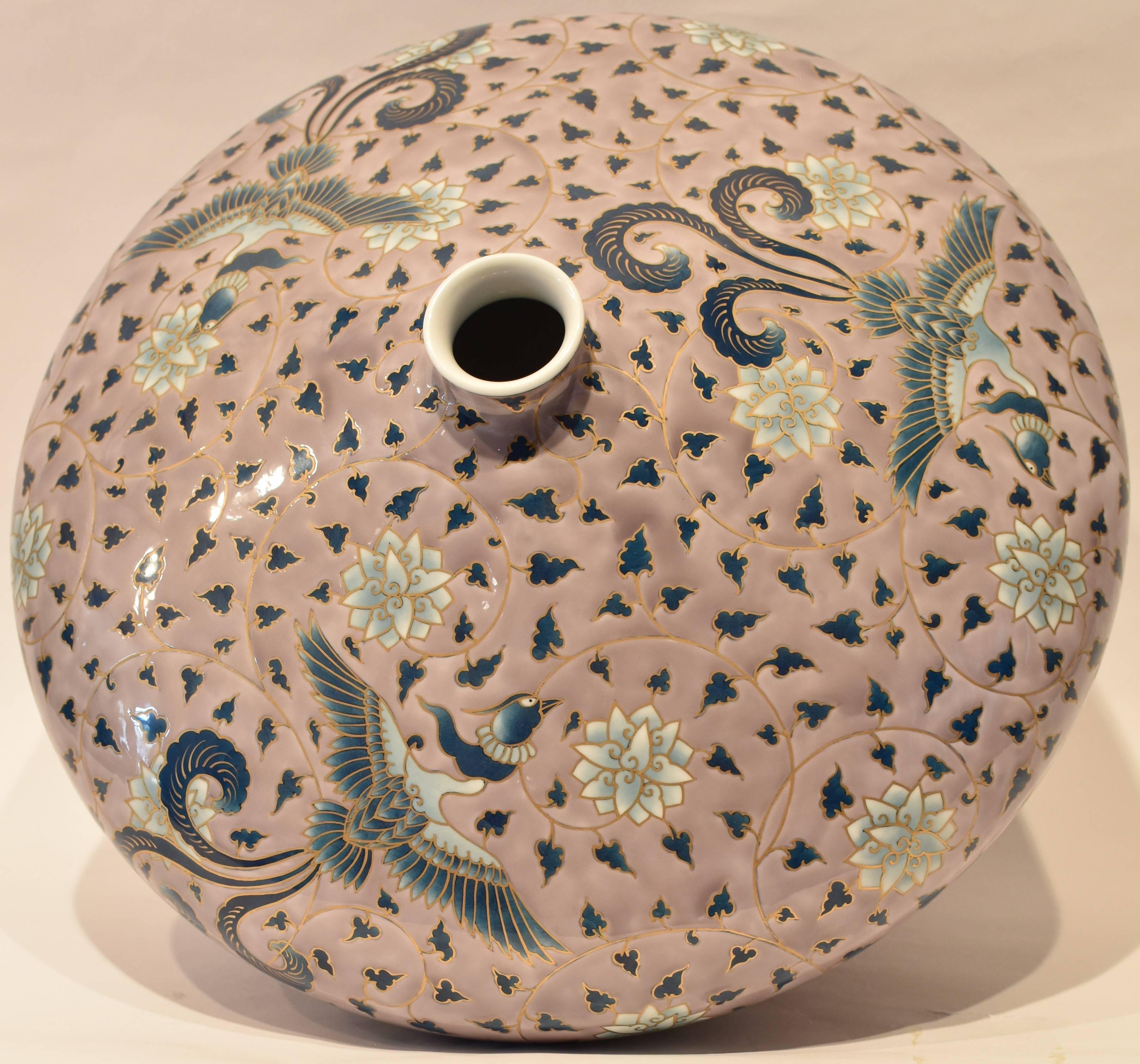 Gilt Large Japanese Gilded Hand-Painted Porcelain Vase by Master Artist