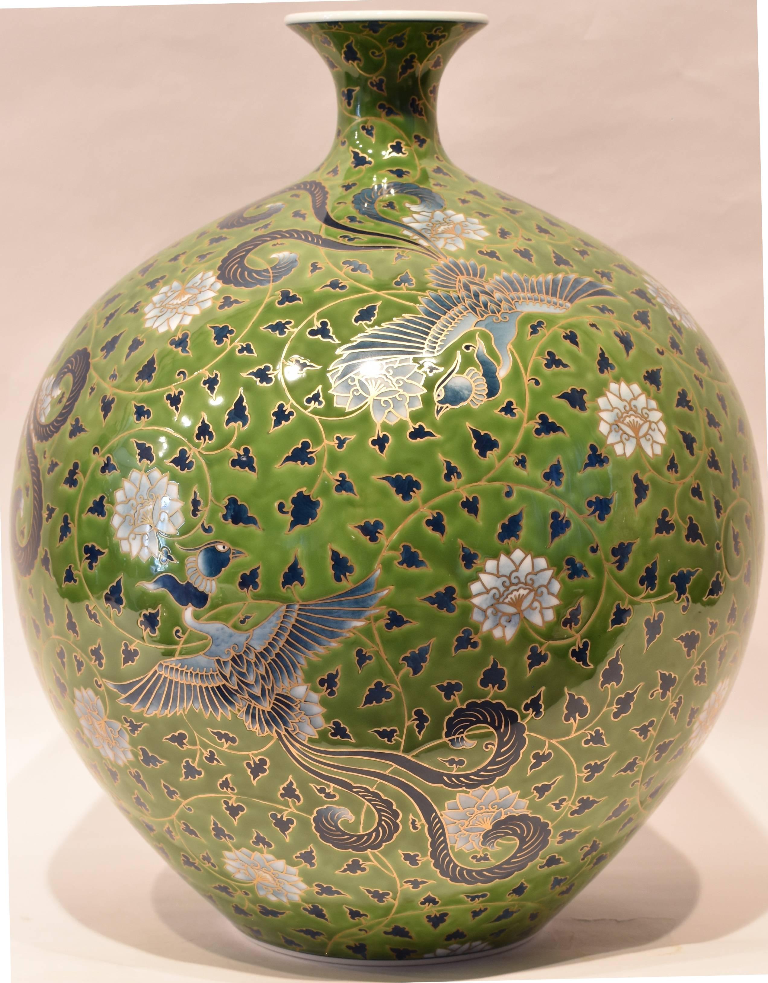 Large Japanese Gilded Hand-Painted Porcelain Vase by Master Artist 4