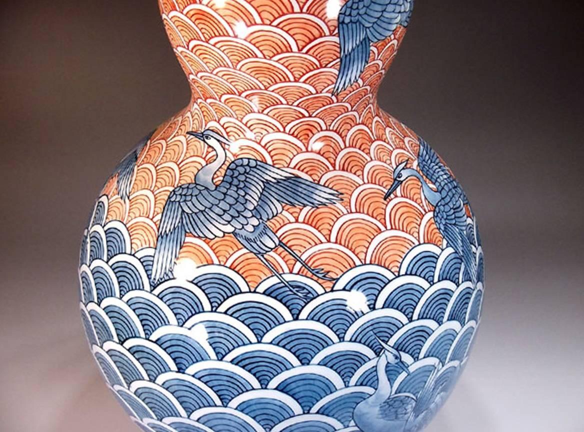 Meiji Japanese contemporary Blue Red Porcelain Vase by Master Artist, 2 For Sale