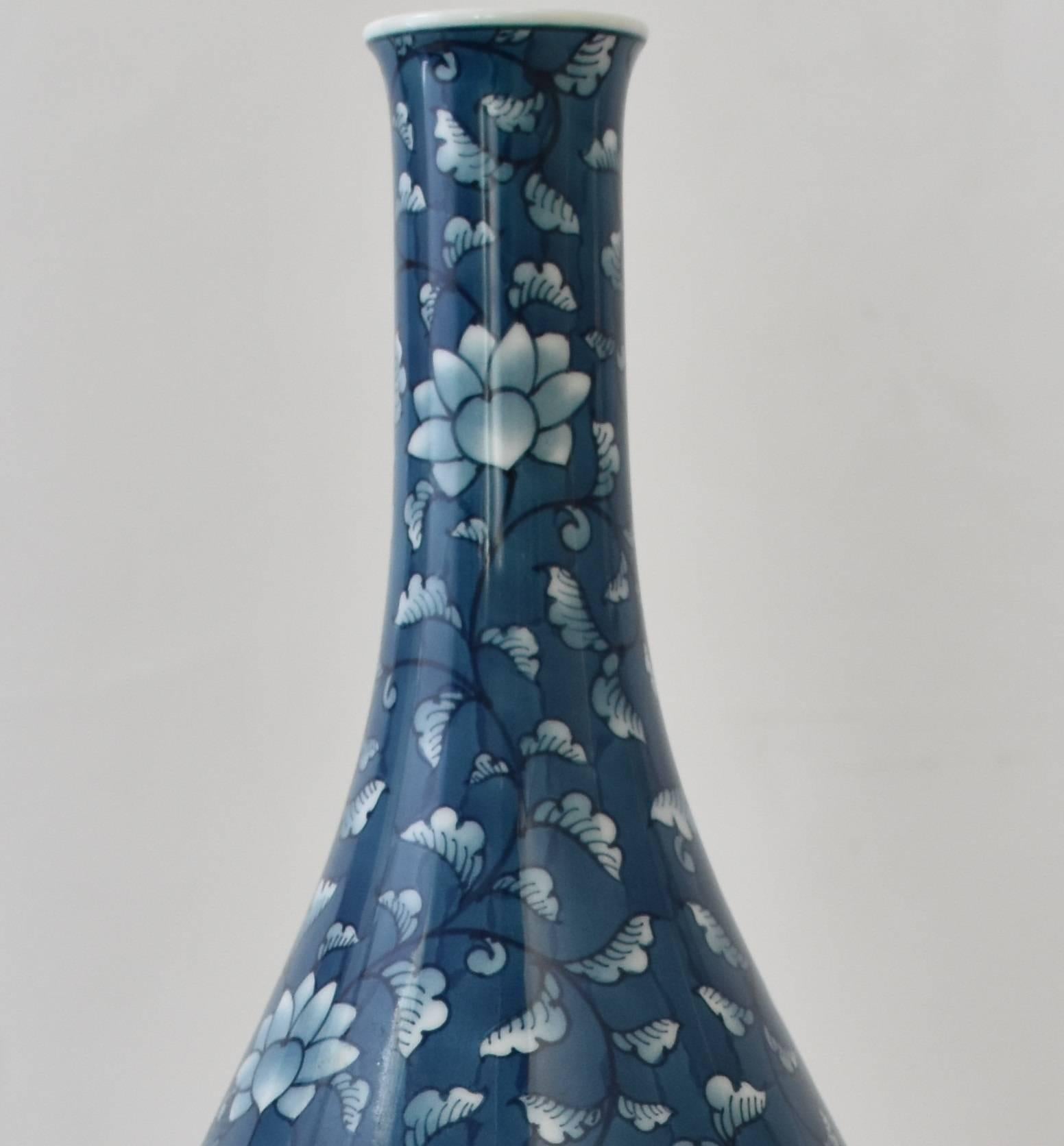 Contemporary Large Japanese Imari Blue Hand-Painted Porcelain Vase by Master Artist