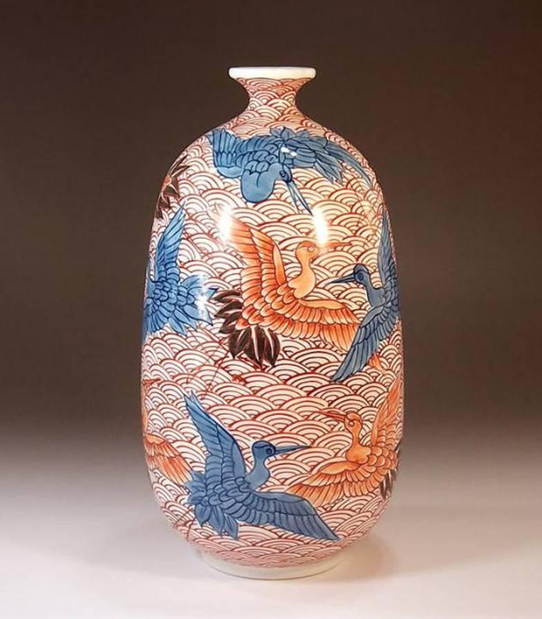 Hand-Painted Japanese Contemporary Red Blue Porcelain Vase by Master Artist, 4 For Sale