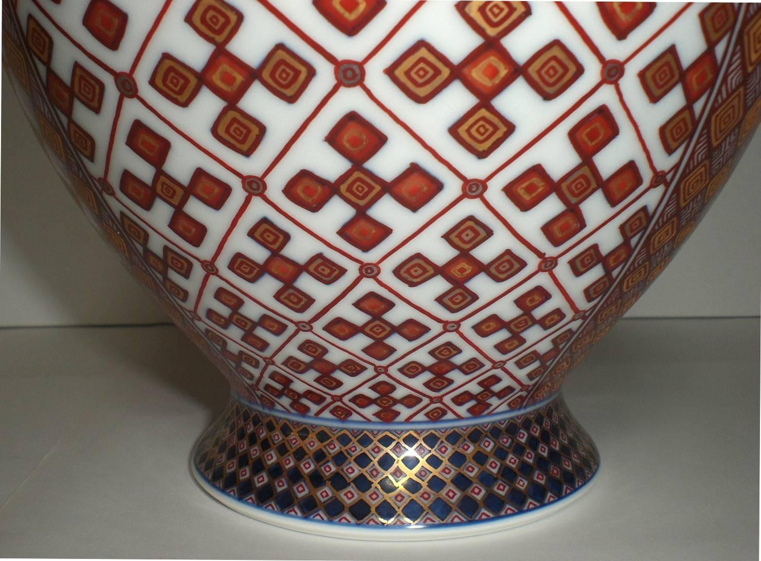 Gilt Japanese Contemporary Red Gold Blue White Porcelain Vase by Master Artist