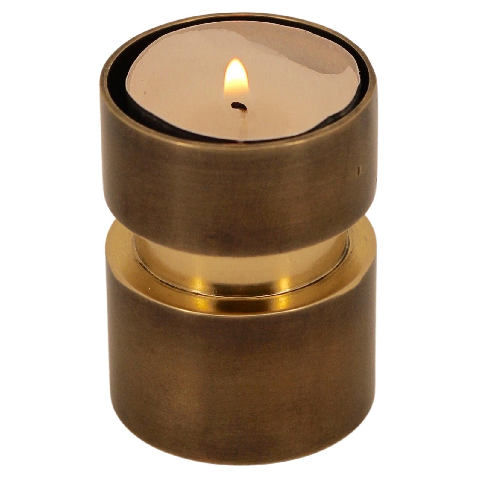 Reversible Handmade Cast Brass Tea-Light + Taper Candleholder with Bronze Patina