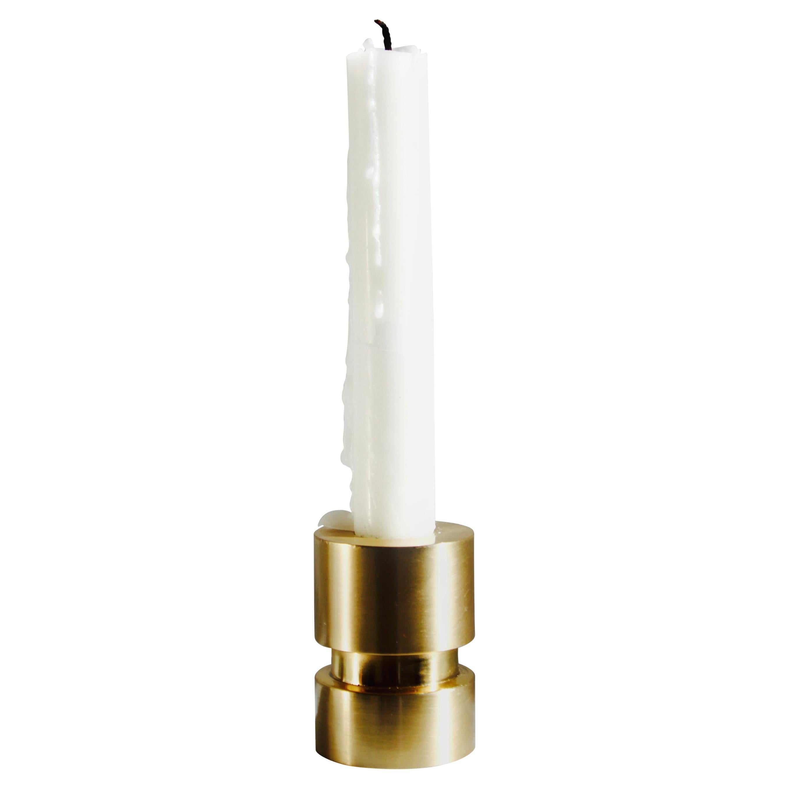 Reversible Handmade Cast Brushed Brass Tea-Light and Taper Candle Holder For Sale