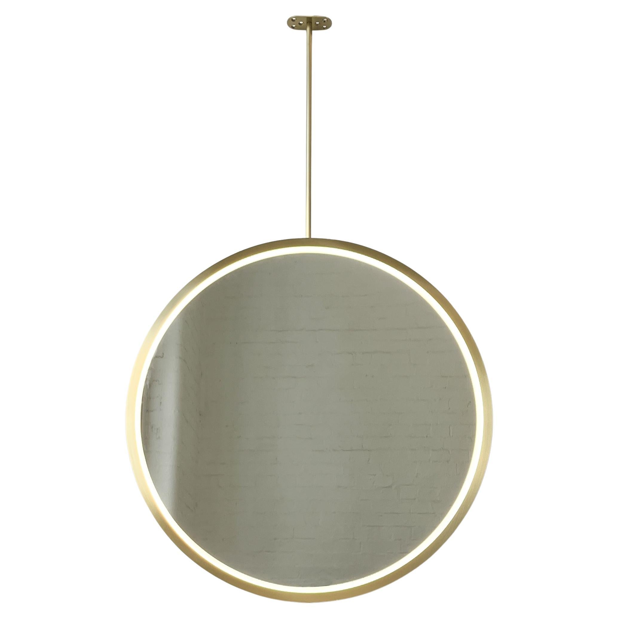 Illuminated Ceiling Suspended Orbis Round Mirror Brass Frame For Sale