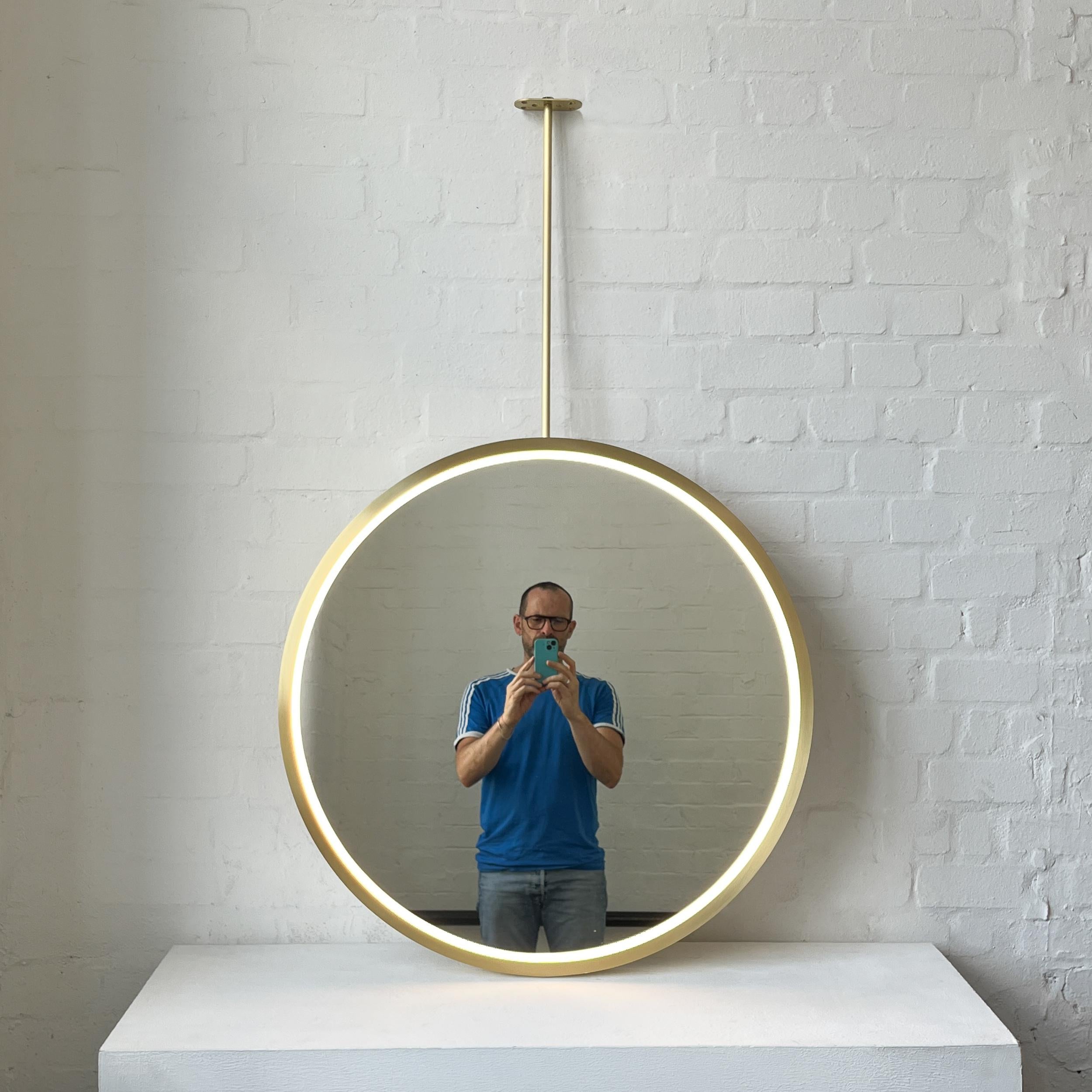 British Illuminated Ceiling Suspended Orbis Round Mirror Brass Frame For Sale