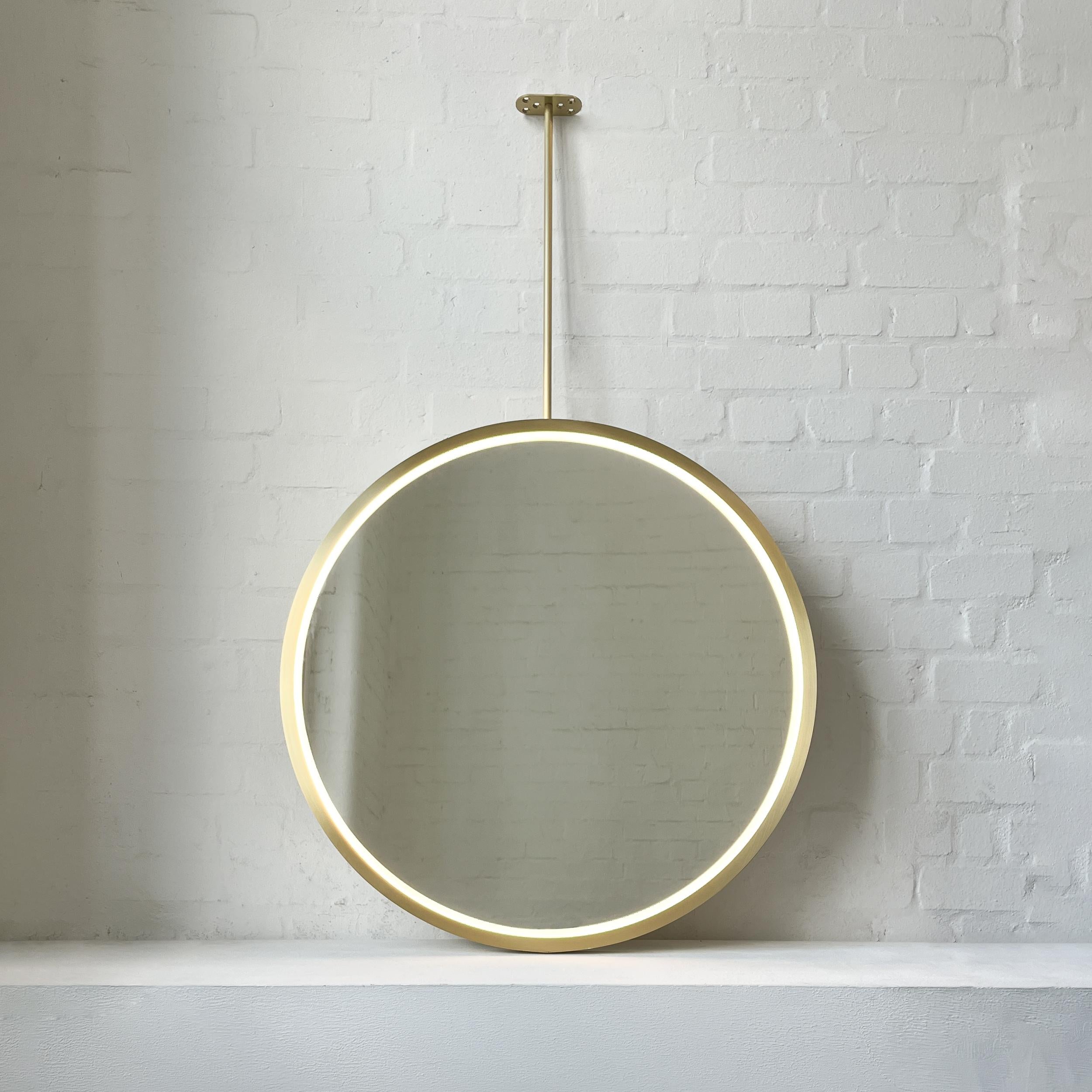Illuminated Ceiling Suspended Orbis Round Mirror Brass Frame For Sale 2