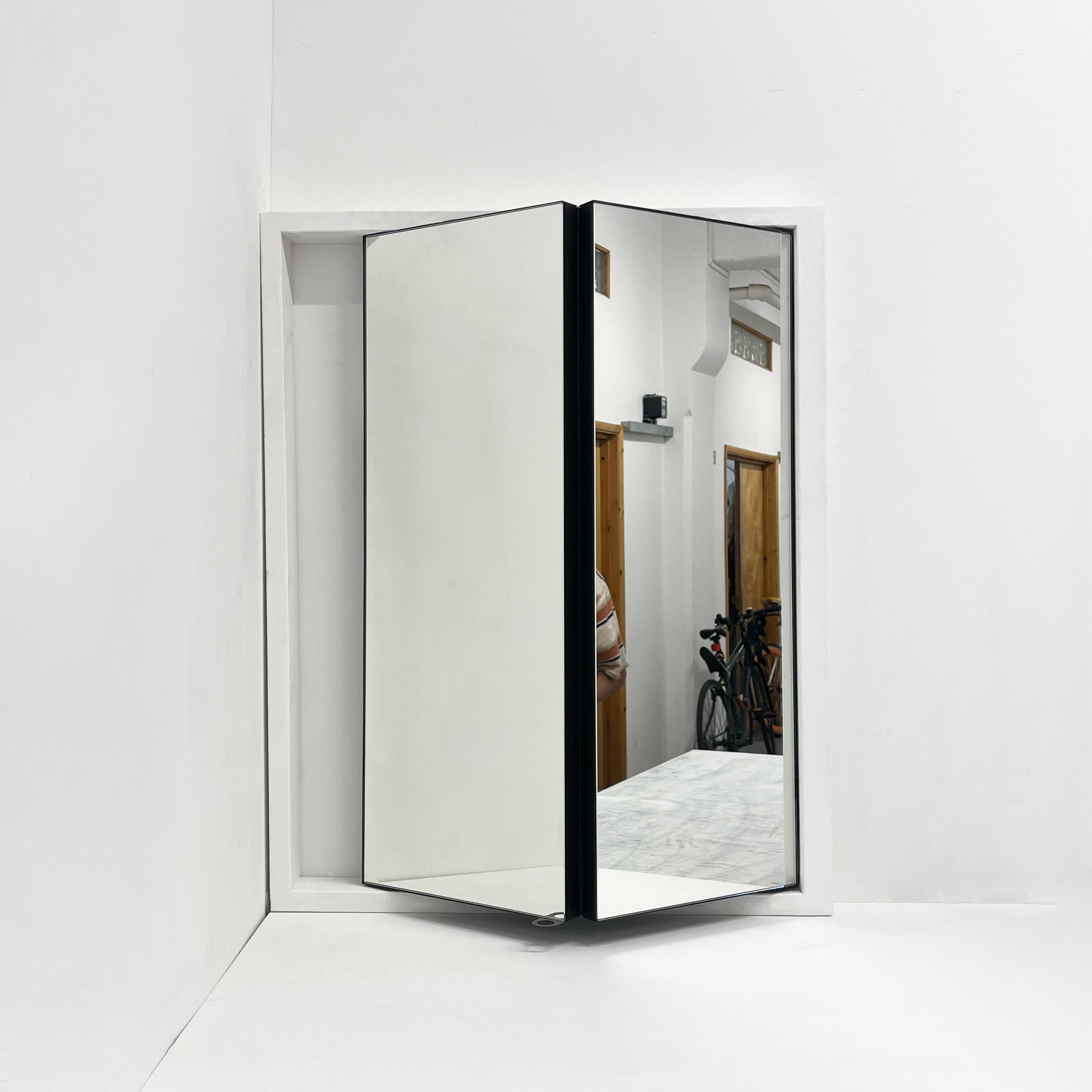 Contemporary Bifold Foldable Rectangular Mirror with Blackened Metal Frame For Sale