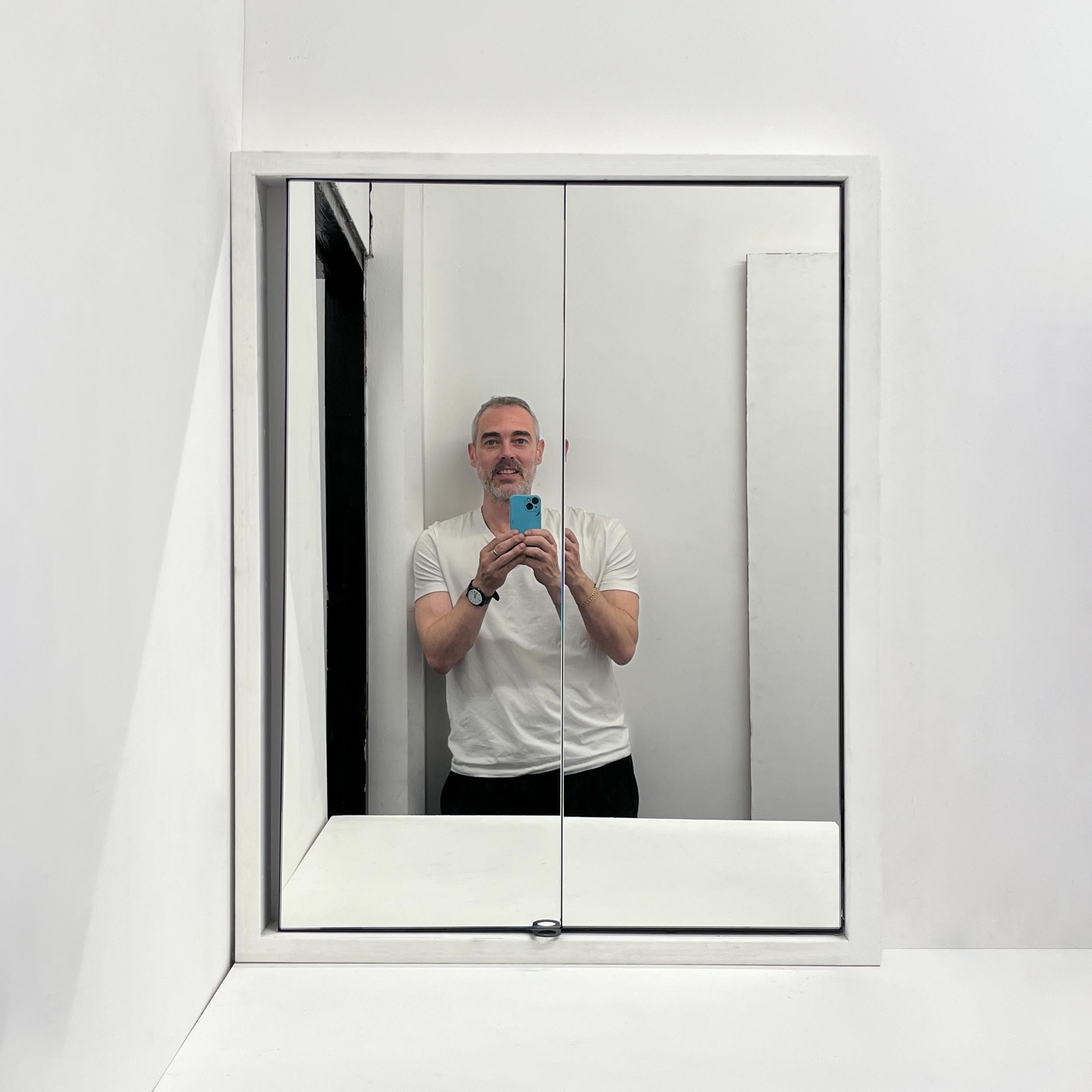 Organic Modern Bifold Foldable Rectangular Mirror with Blackened Metal Frame For Sale