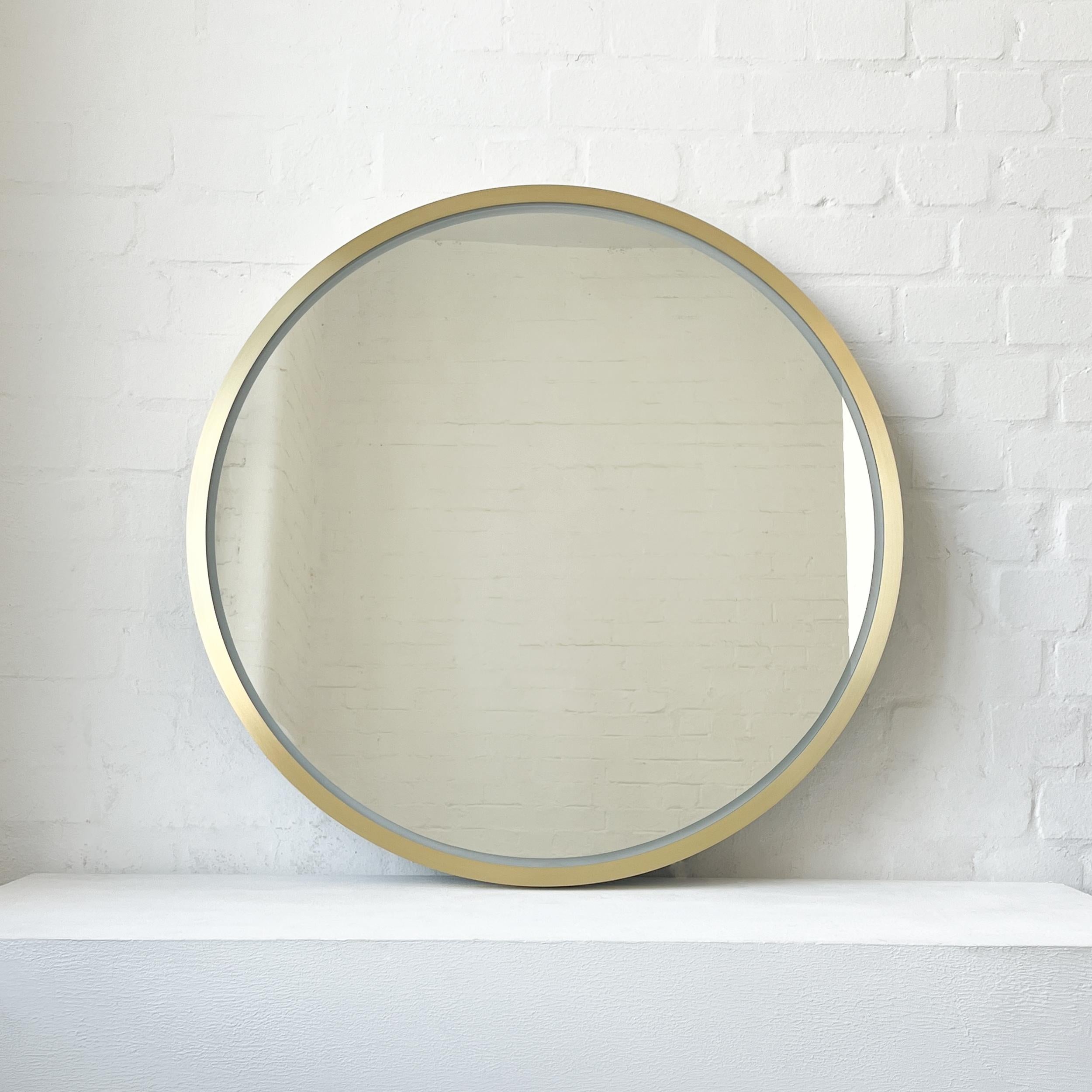Brushed Front Illuminated Orbis Round Mirror with Handcrafted Brass Full Frame For Sale