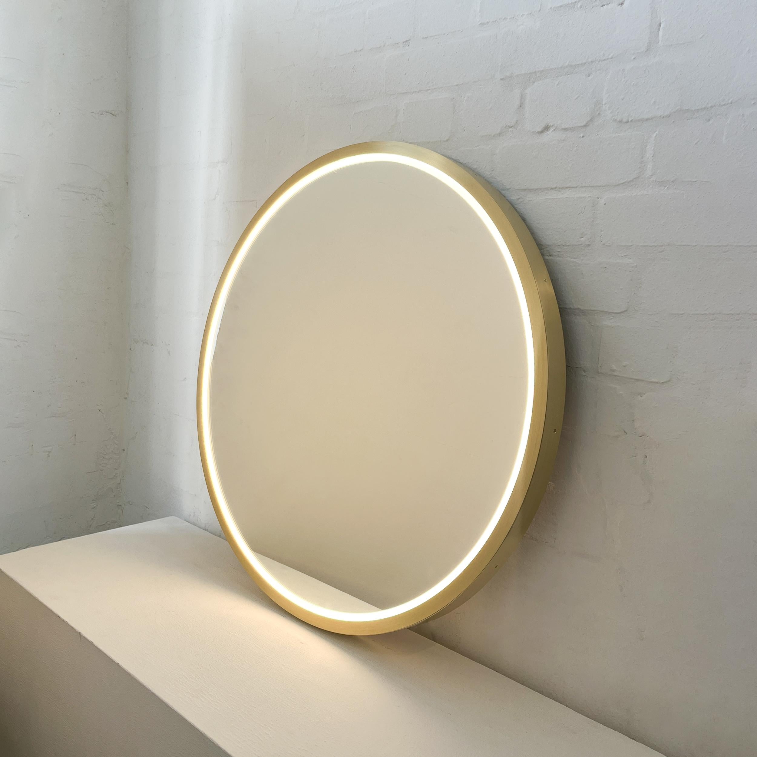 British Front Illuminated Orbis Round Mirror with Handcrafted Brass Full Frame For Sale