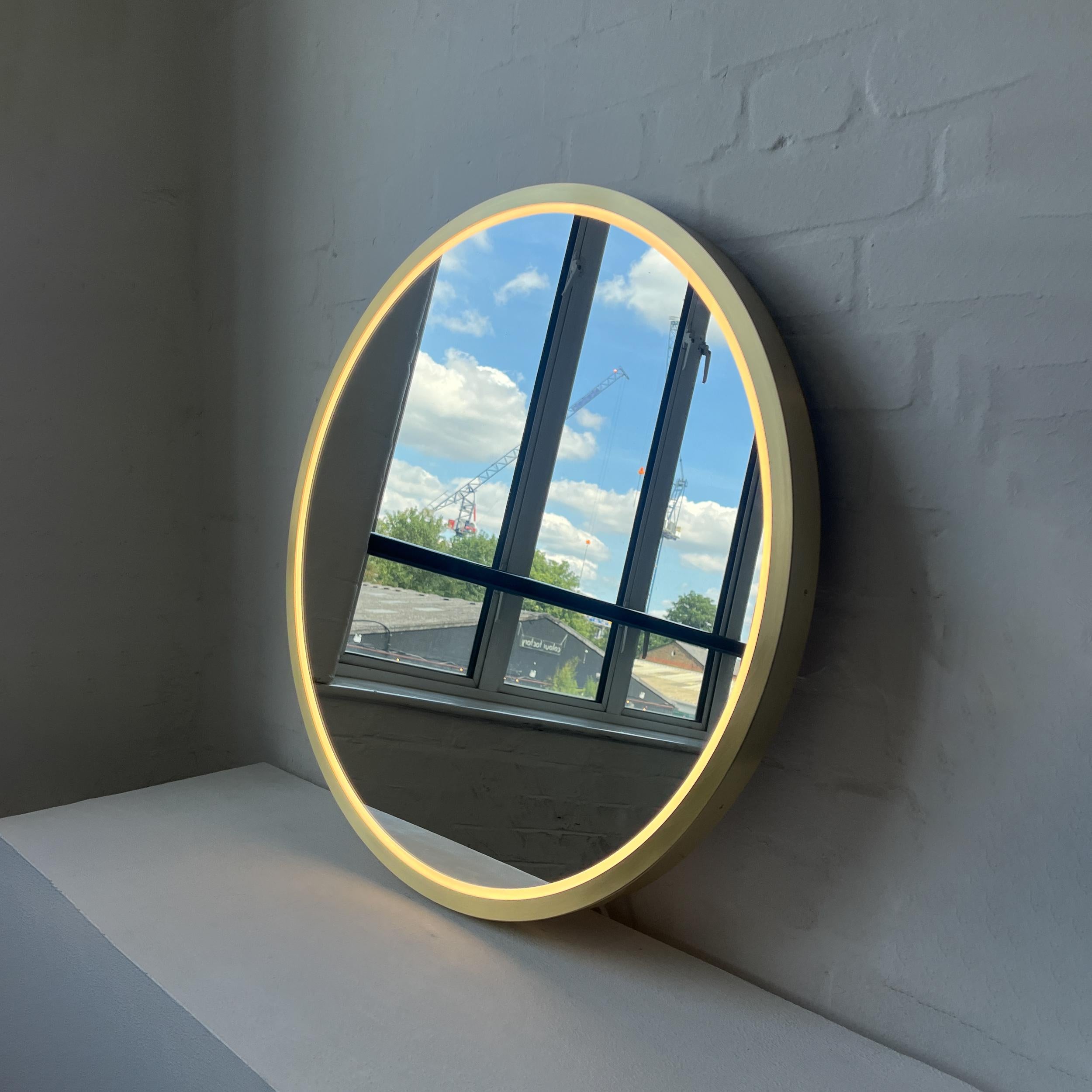 Front Illuminated Orbis Round Mirror with Handcrafted Brass Full Frame For Sale 4