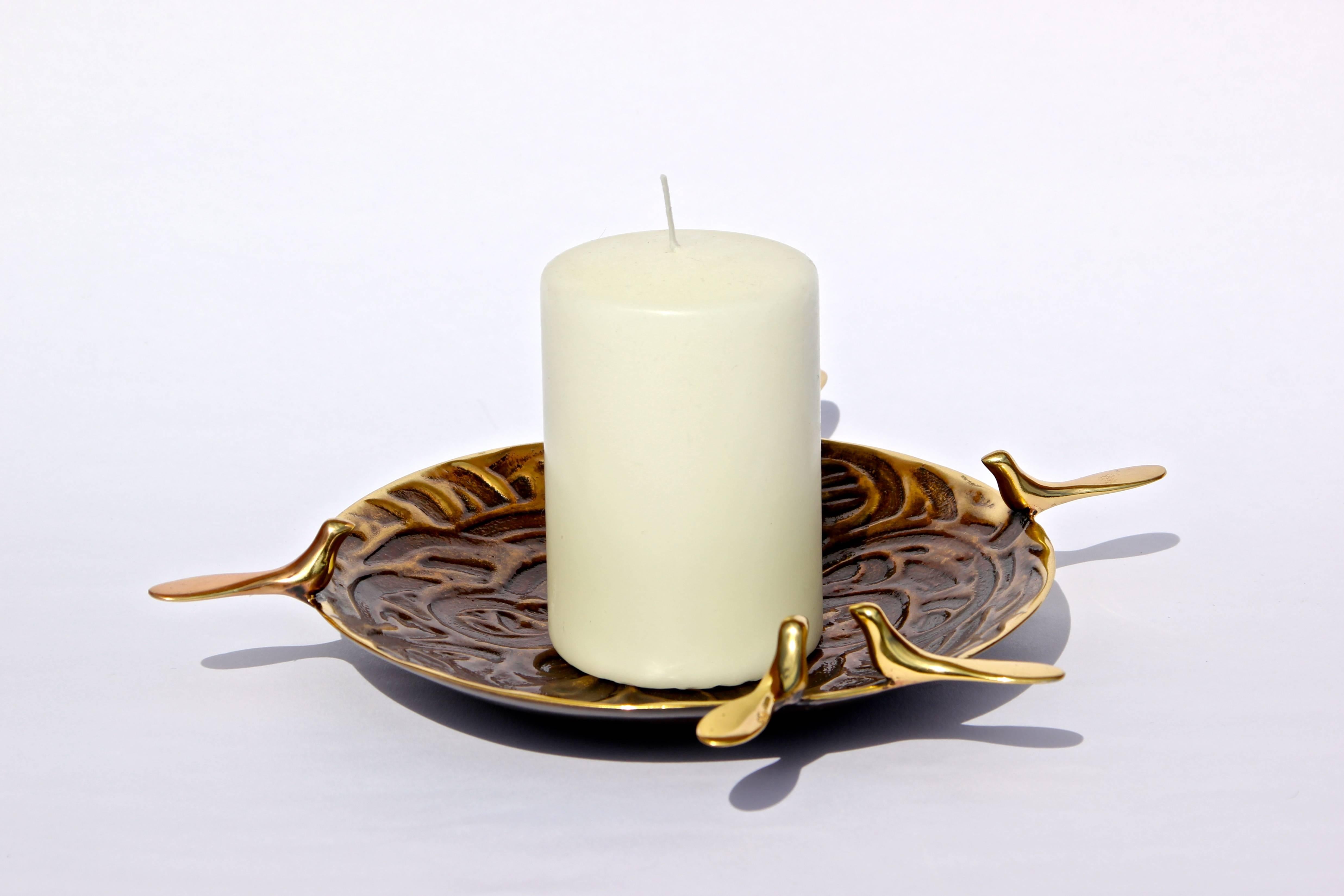 Organic Modern Handmade Cast Brass Dish Candle Holder with Five Birds