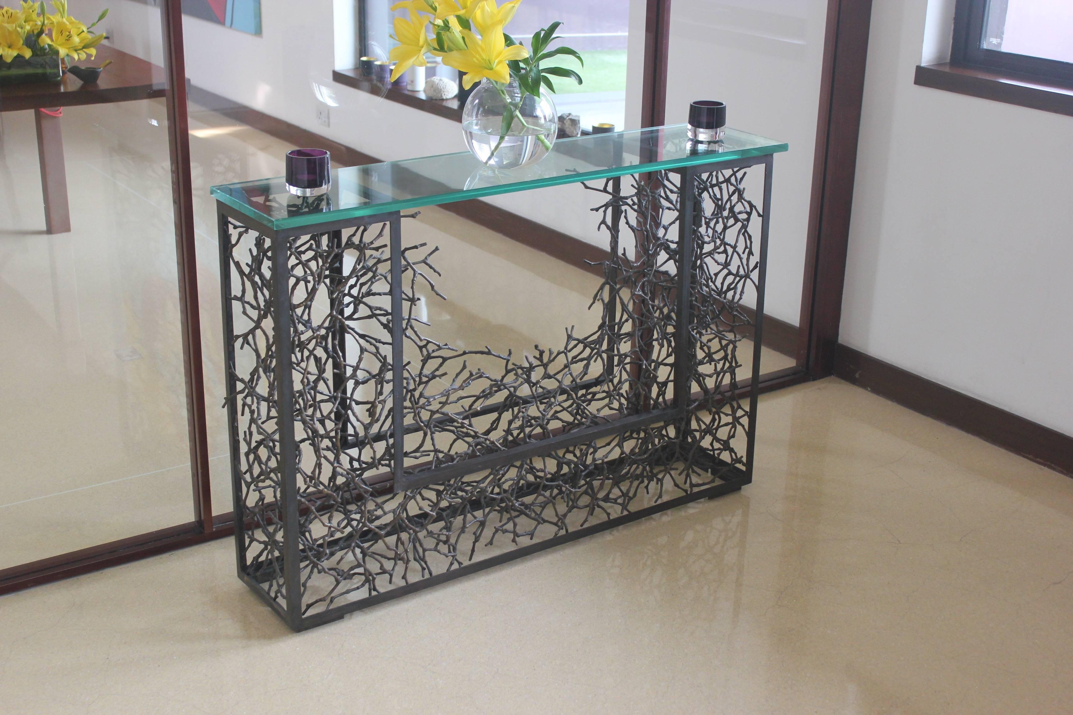 Organic Modern Cast Brass Magnolia Twigs with Brass Frame Console Table