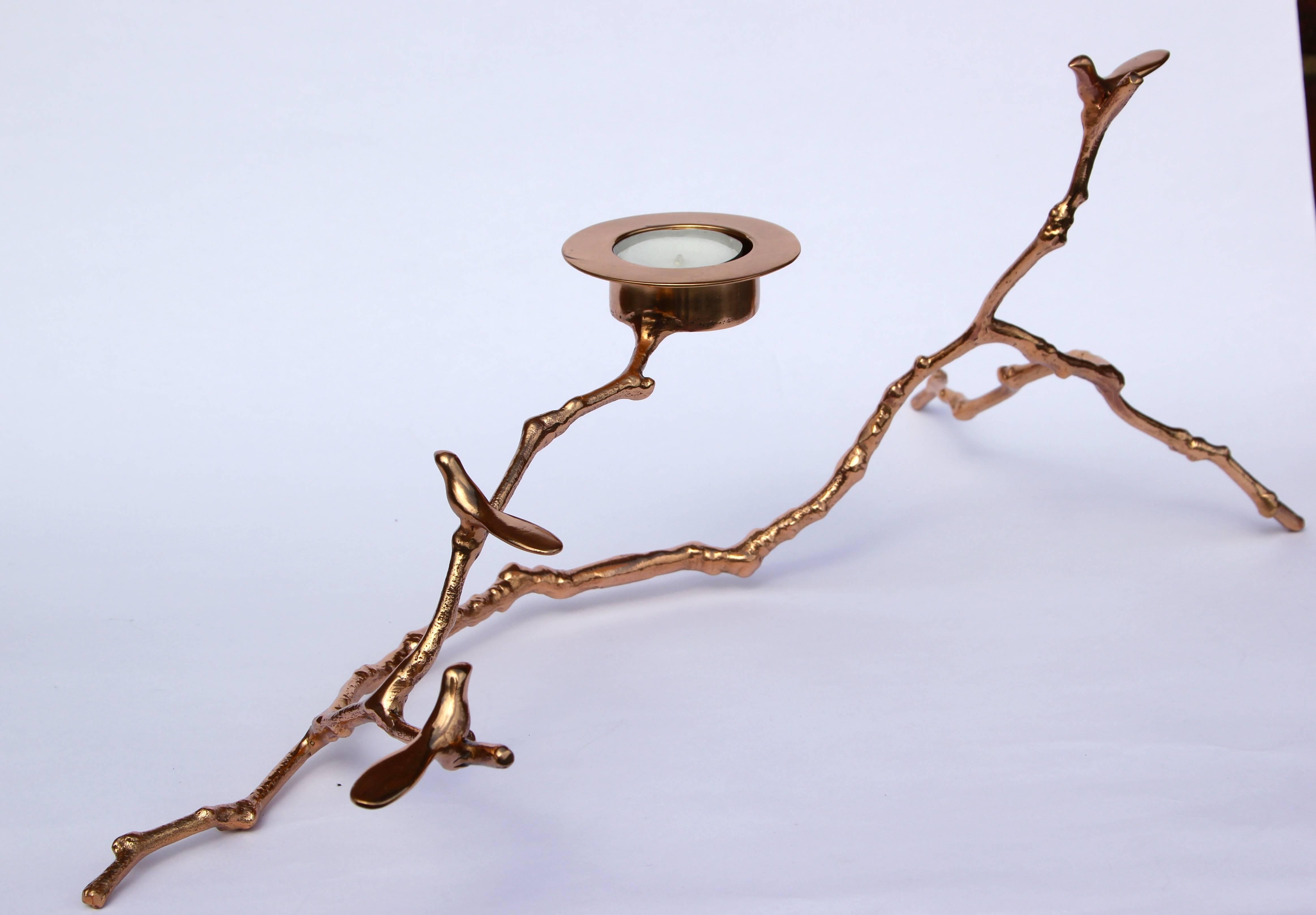 Indian Handmade Bronze Magnolia Twig Tealight Candleholder, Long