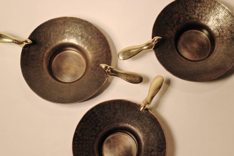 Organic Modern Set of 3 Two Birds Brass with patina Tea Light Holders, Candleholders For Sale