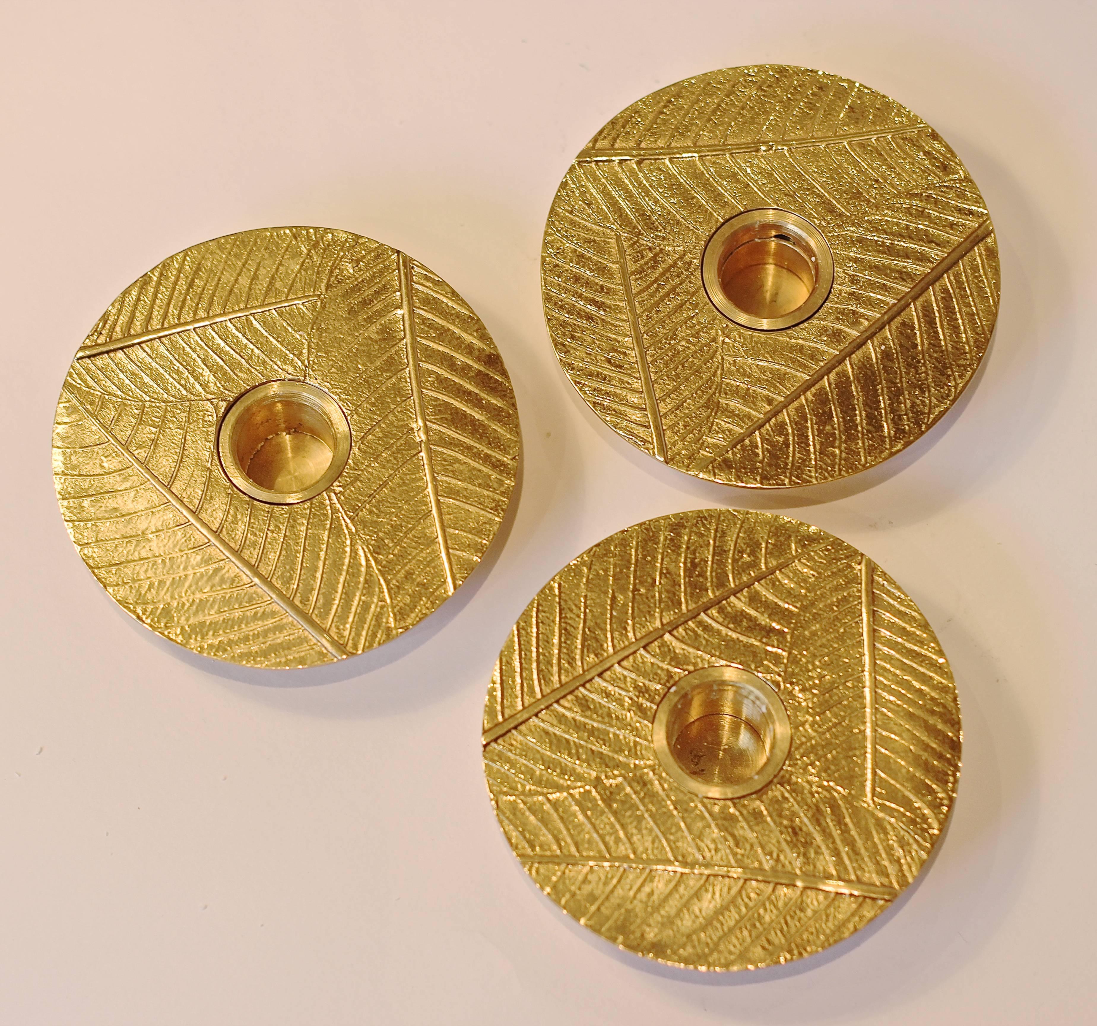 Set of Handmade Brass Leaf Candleholders, Tapered Candles (Moderne)