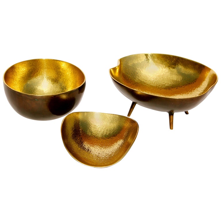 Set of Three Cast Brass Bowls with Texture and Patinated For Sale