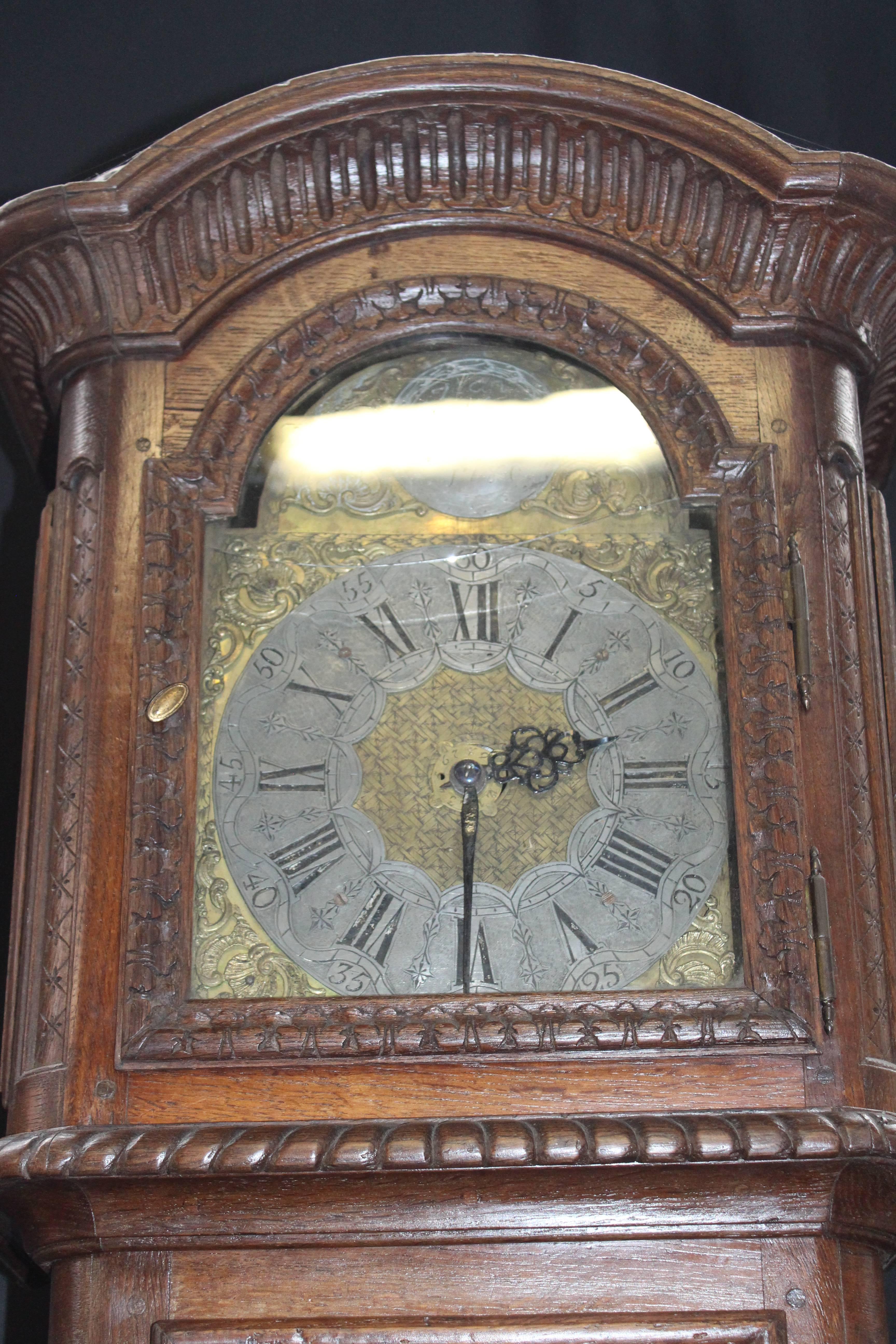 Tall Antique 18th Century Case Clock, French, Louis XV  Fine Carved Oak  In Good Condition In Wommelgem, BE