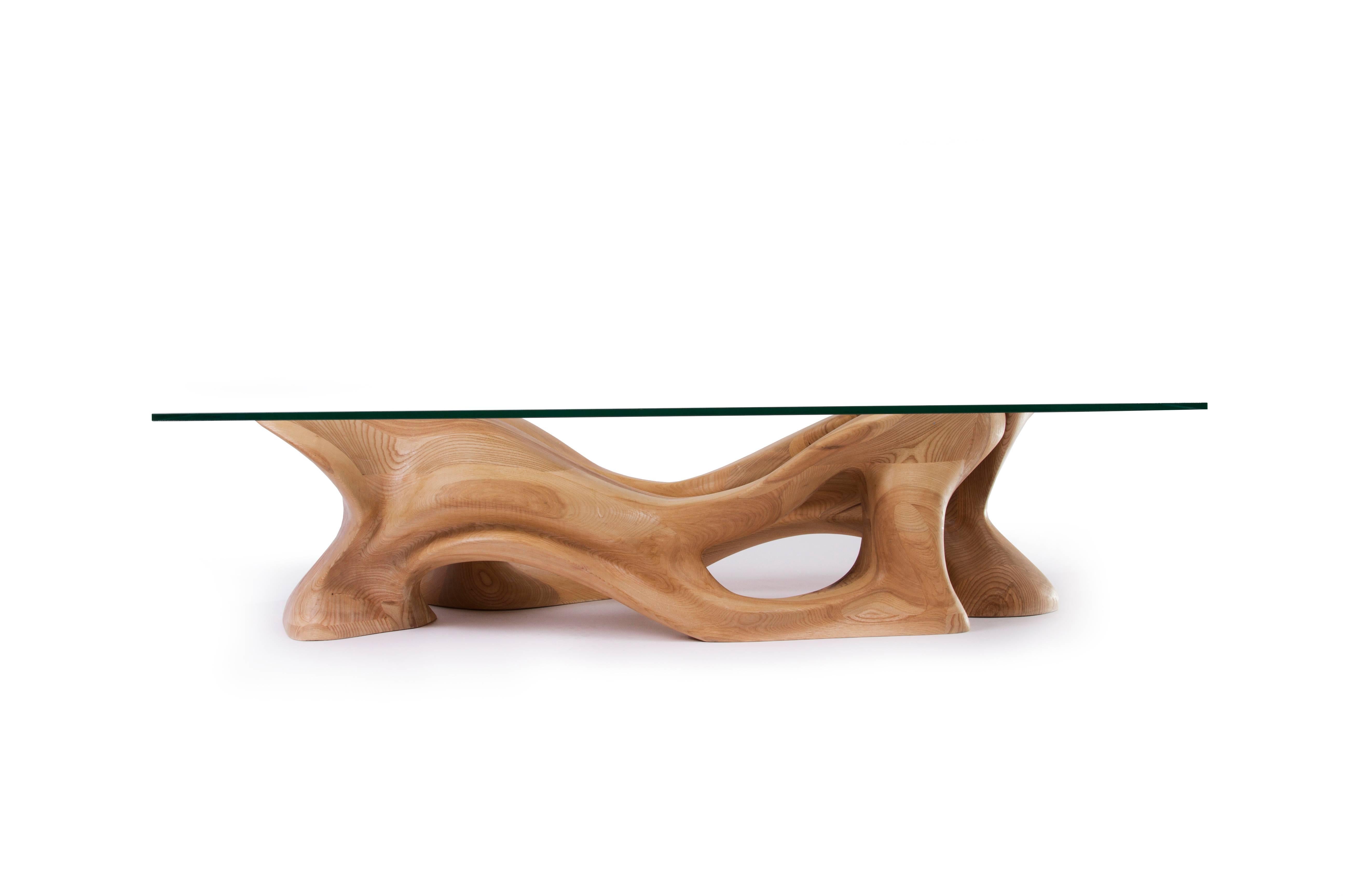Amorph Moderner Crux-Couchtisch aus rechteckigem Glas, Eschenholz mit natürlichem Edelstahl (amerikanisch) im Angebot
