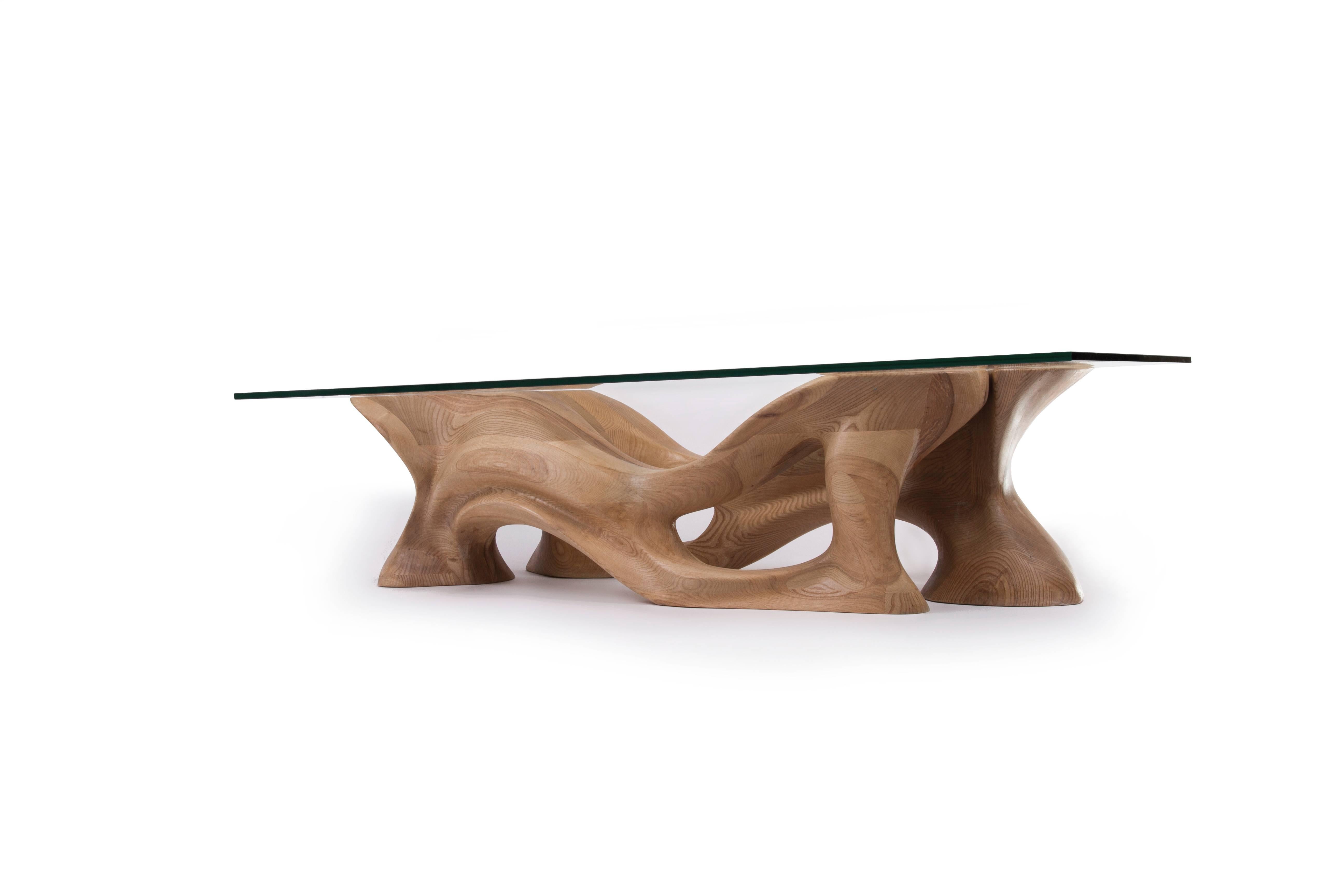 Américain Amorph Table basse moderne Crux en verre rectangulaire avec teinte naturelle, bois de frêne en vente