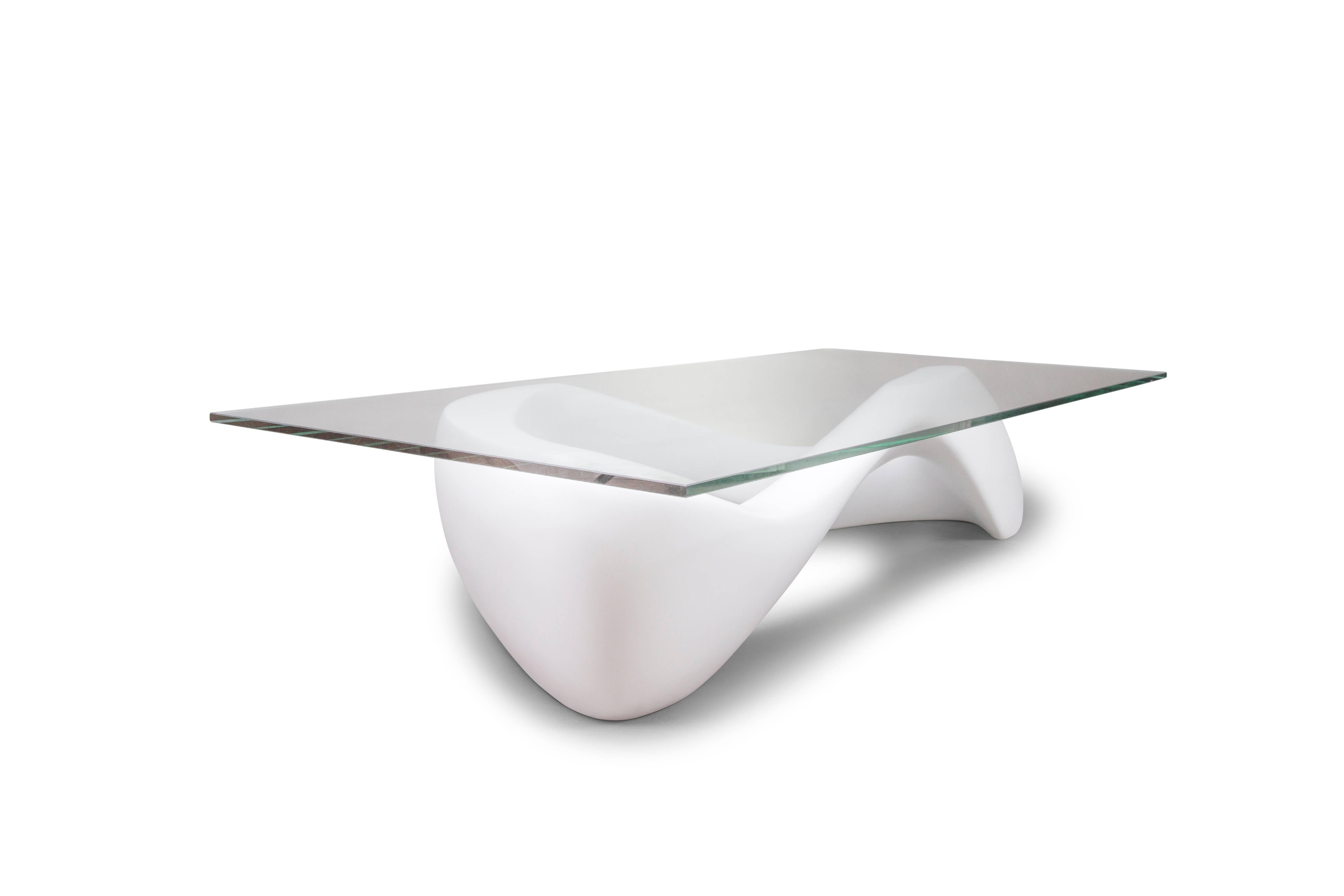 Amorph Lust Coffee Modern Table with glass top, White Lacquer  In New Condition For Sale In Los Angeles, CA